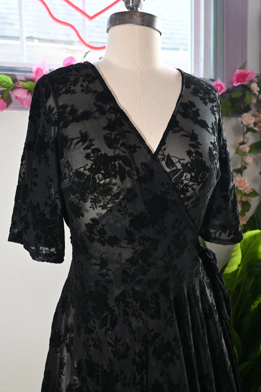 Black Floral Flocked Mesh Lydia dress