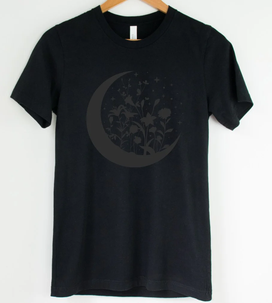 Black on Black - Floral Moon - Available in T-Shirt, Pullover, Hoodie, Tank or Long Sleeve