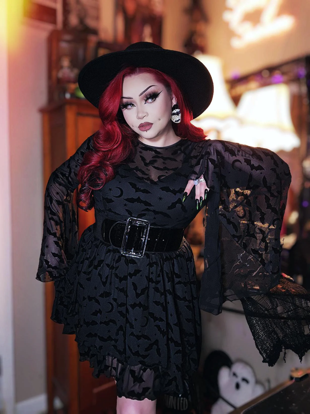 Dracuella - Velvet  BATS Flocked Mini Dress with Witchy Bell Sleeves - READY TO SHIP - Image 2