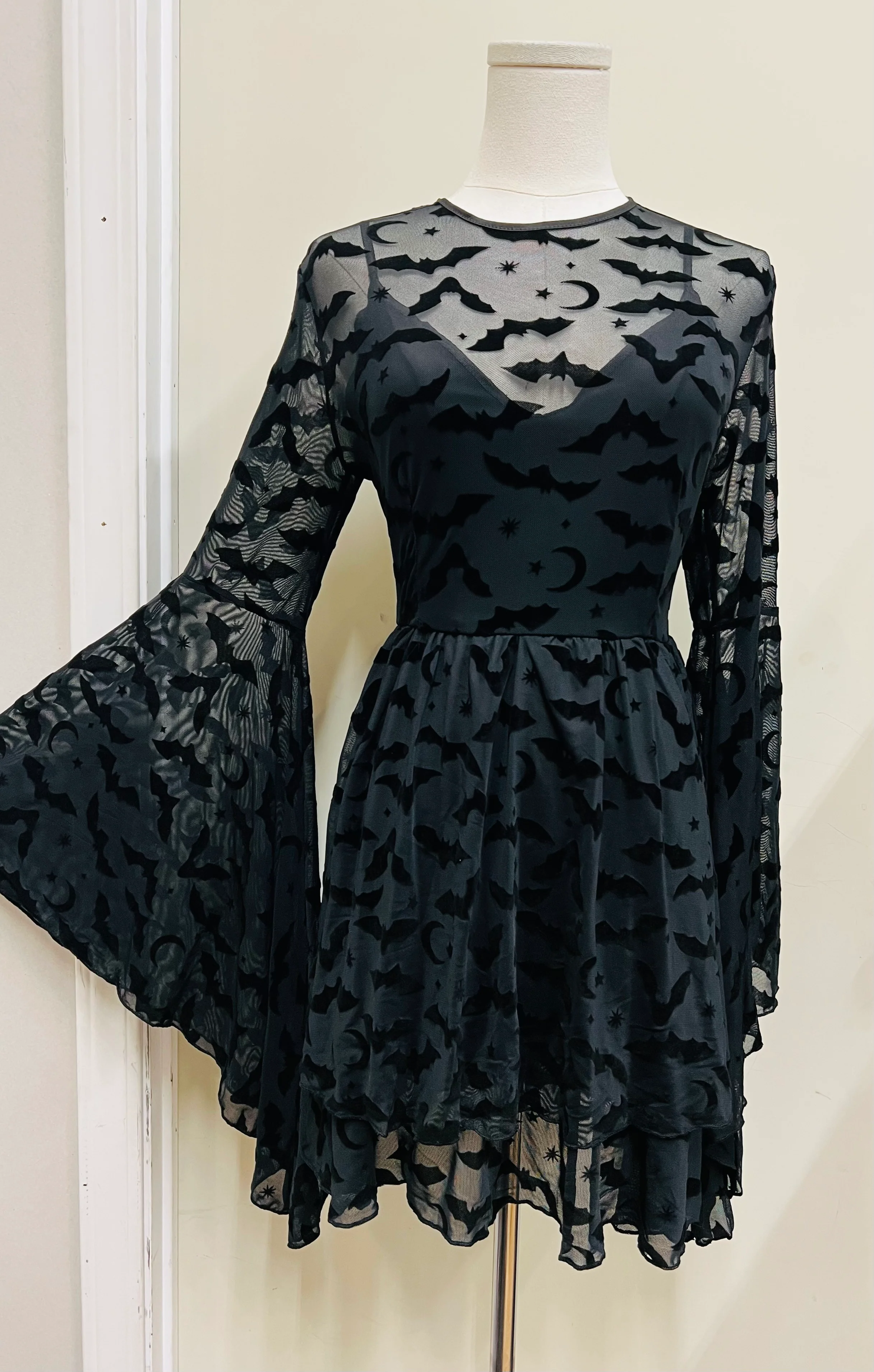 Dracuella - Velvet  BATS Flocked Mini Dress with Witchy Bell Sleeves - READY TO SHIP - Image 3