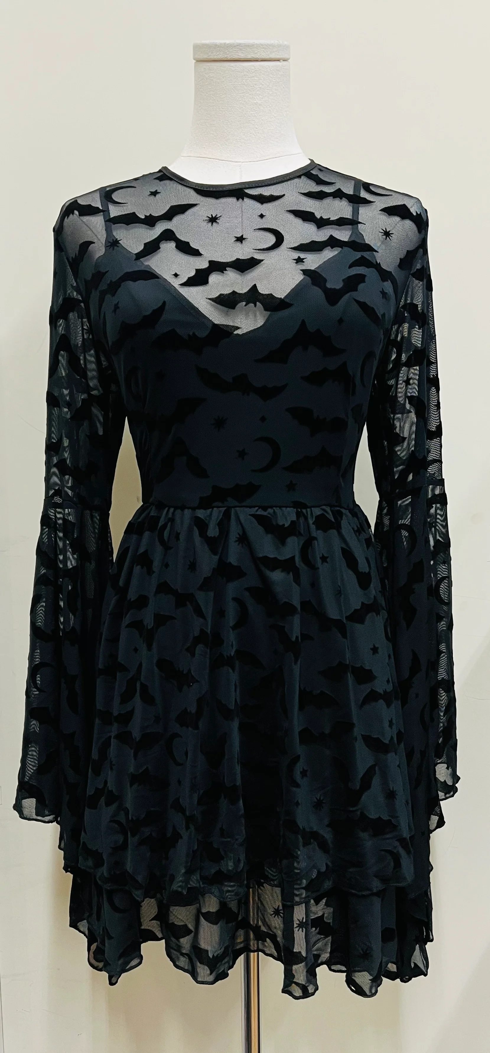 Dracuella - Velvet  BATS Flocked Mini Dress with Witchy Bell Sleeves - READY TO SHIP - Image 4