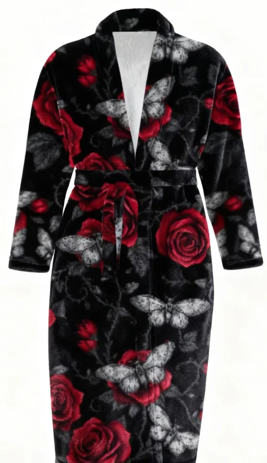 Fleece Robe - Moth Roses - READY TO SHIP
