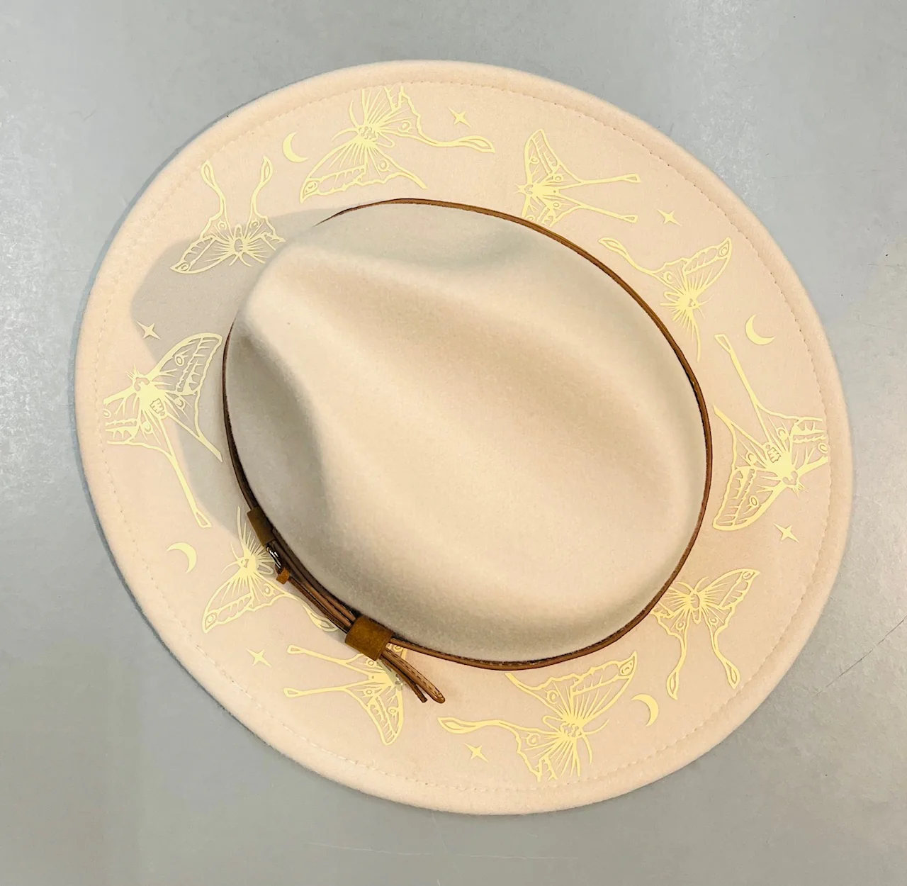 Fox & Fable - Vegan Felt Wide Brim Hat - Luna Moths - Cream on Cream