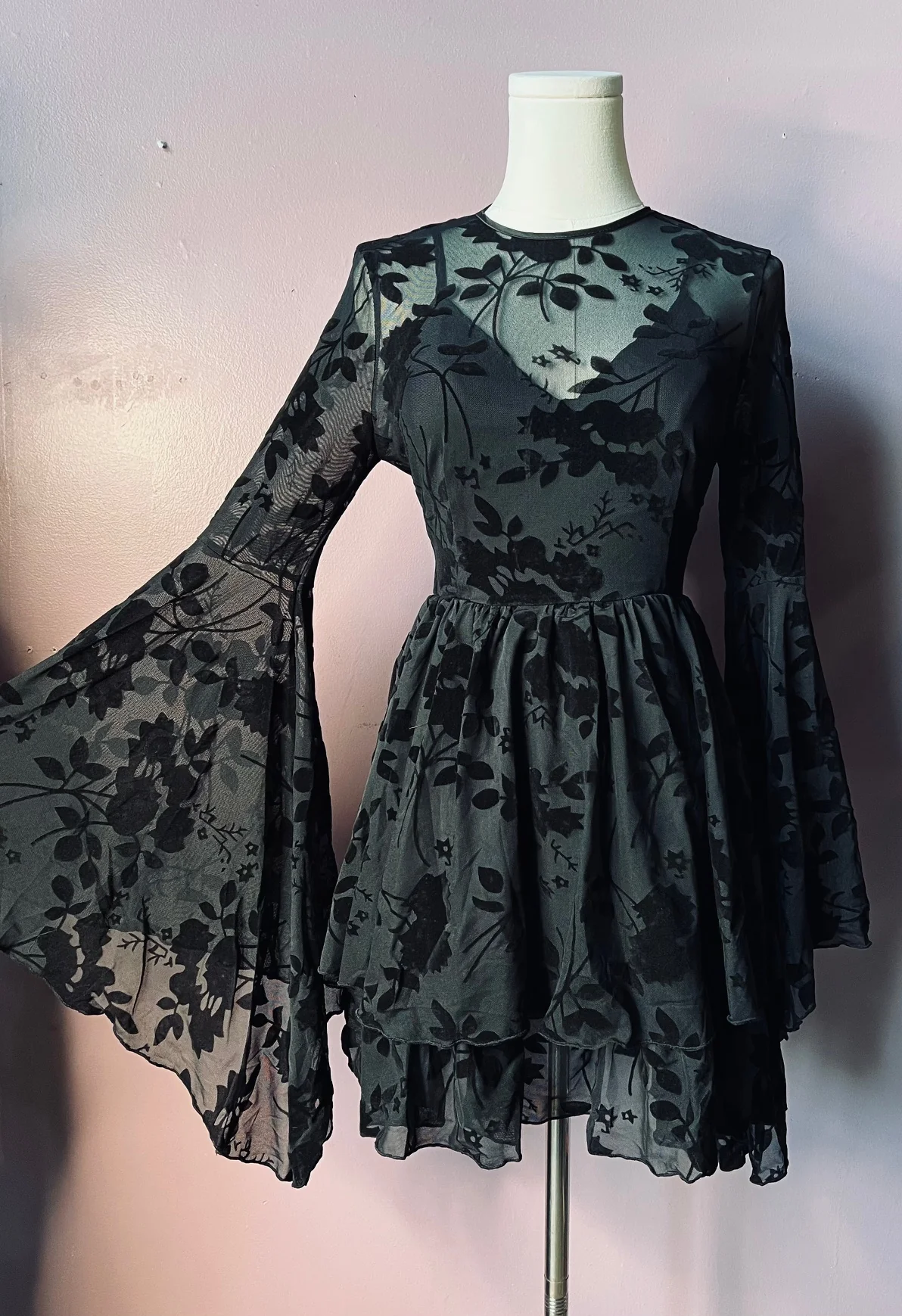MELANTHA - Velvet GOTHIC FLORAL Flocked Mini Dress with Witchy Bell Sleeves - READY TO SHIP - Image 2