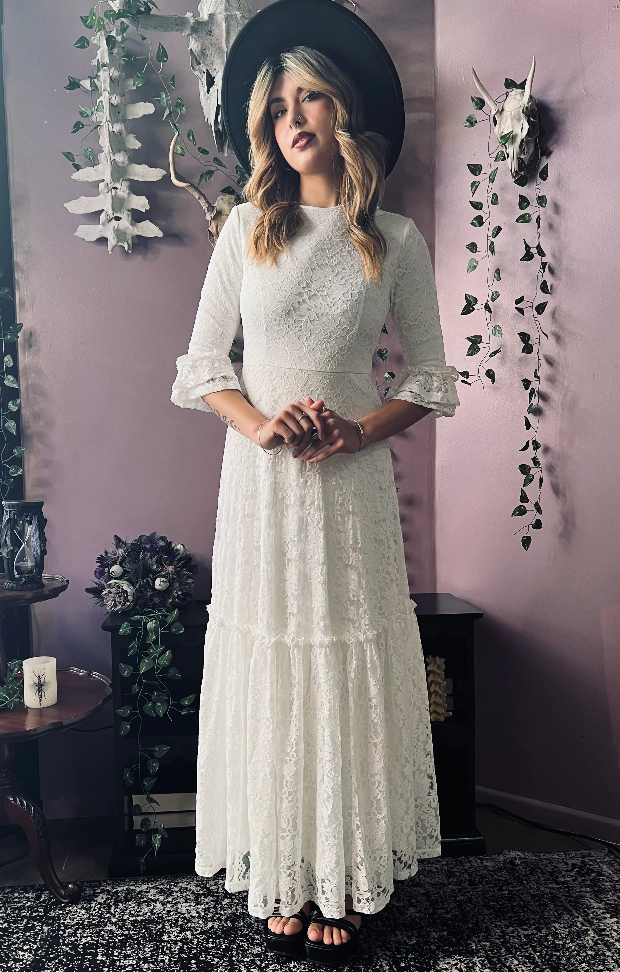Mina - Ivory Floral Lace Bride of the Vampire Maxi Dress  - READY TO SHIP - Image 10