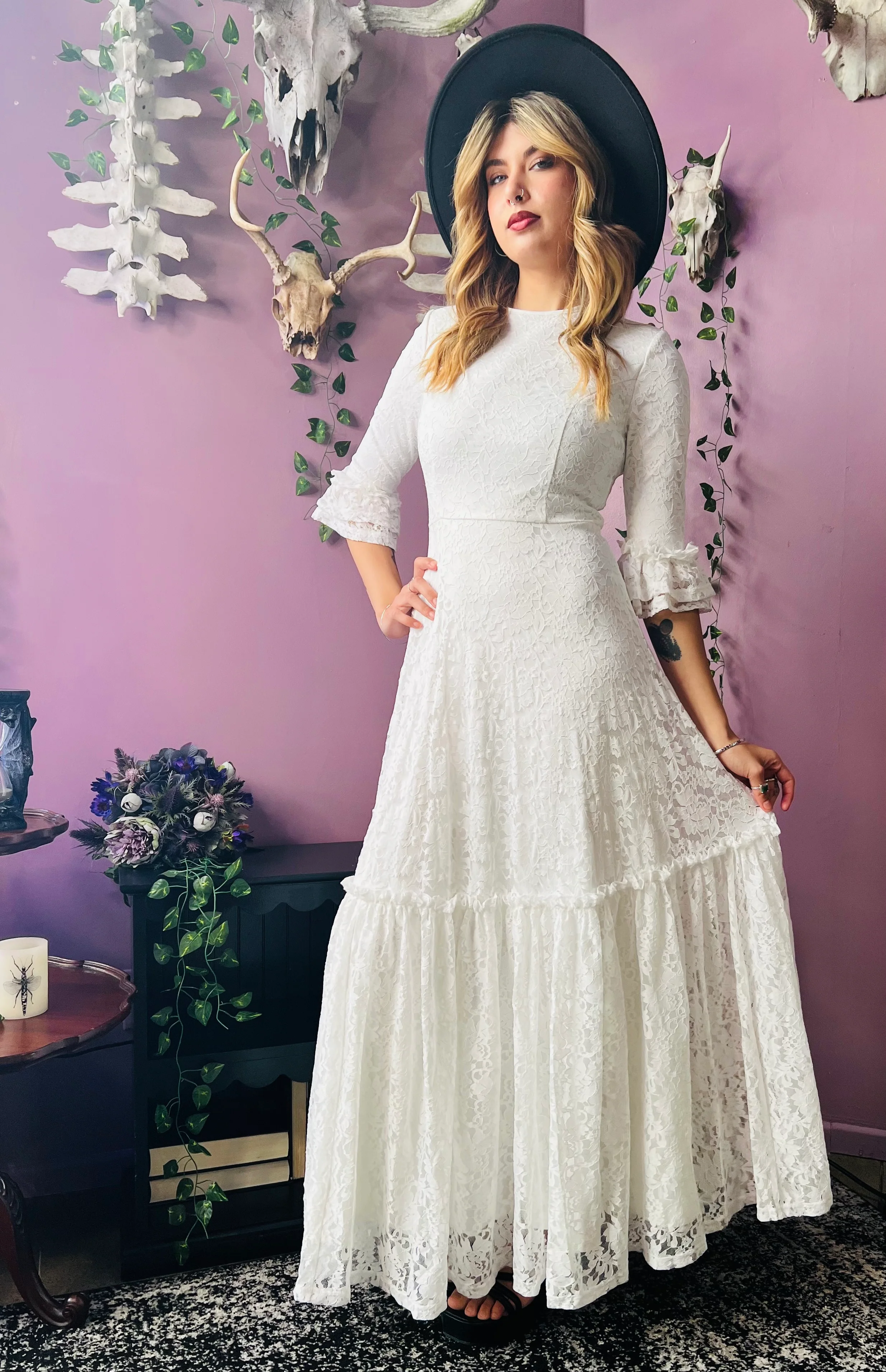 Mina - Ivory Floral Lace Bride of the Vampire Maxi Dress  - READY TO SHIP - Image 11