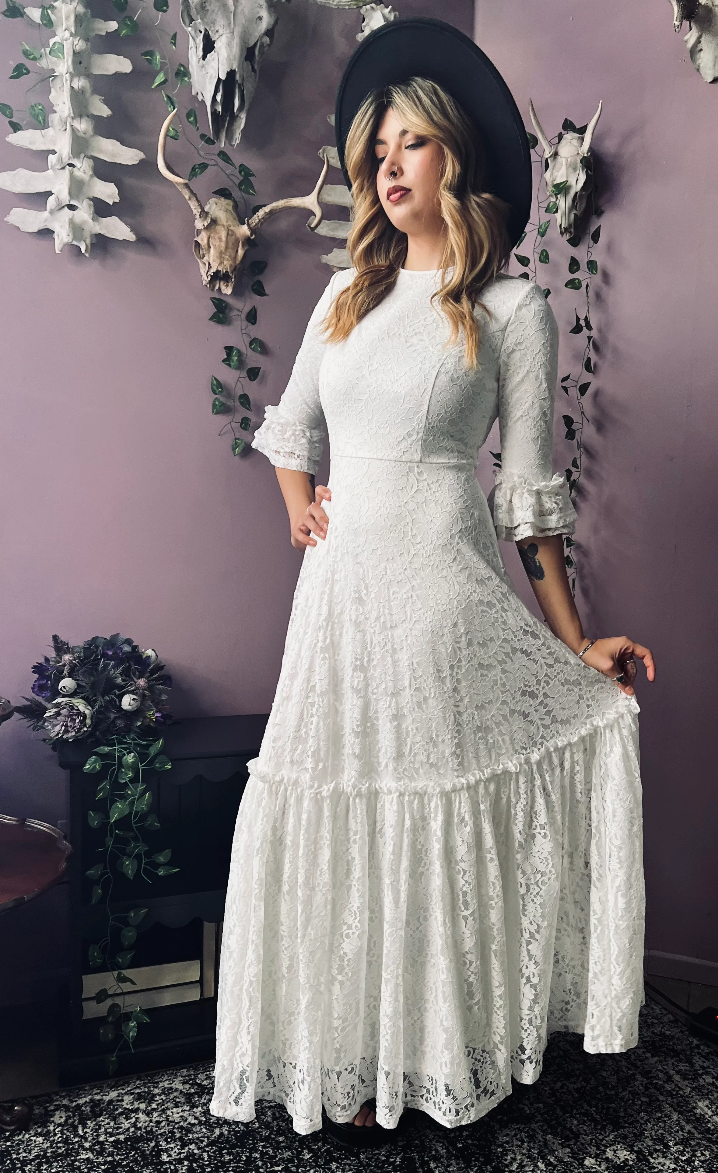 Mina - Ivory Floral Lace Bride of the Vampire Maxi Dress  - READY TO SHIP - Image 7