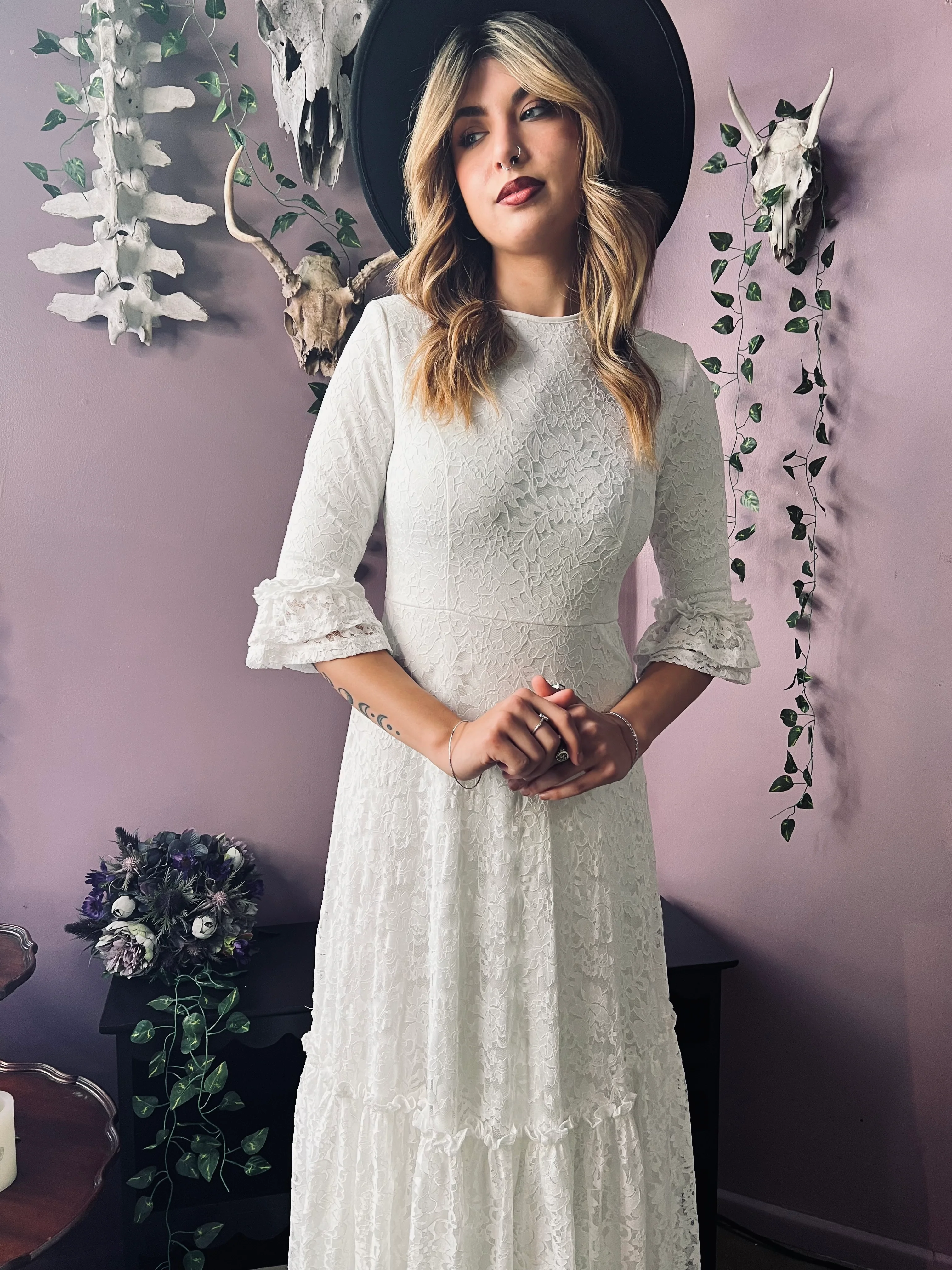 Mina - Ivory Floral Lace Bride of the Vampire Maxi Dress  - READY TO SHIP - Image 9