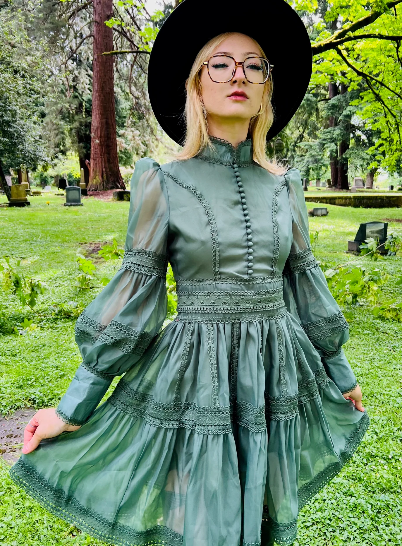 Morgana - Romantic Victorian Inspired Party Dress - SAGE - READY to SHIP - Image 3