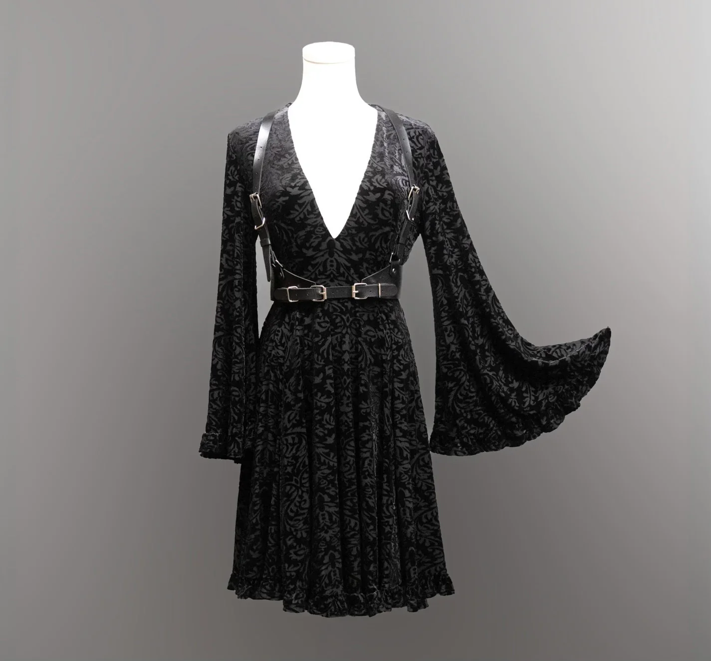 Nyx - Bell Sleeved Velvet Damask Dress with Harness - READY TO SHIP! - Image 13