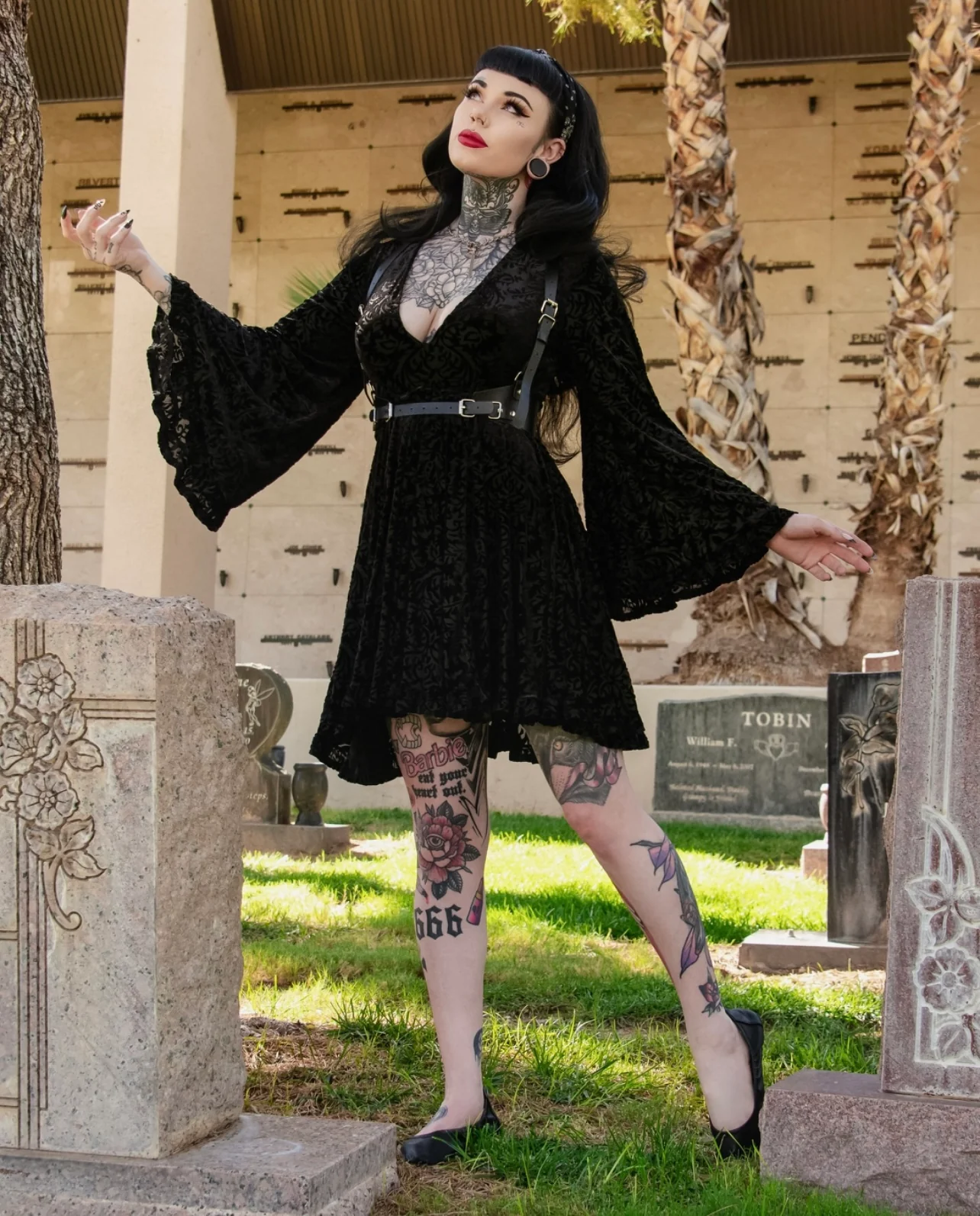 Nyx - Bell Sleeved Velvet Damask Dress with Harness - READY TO SHIP! - Image 16