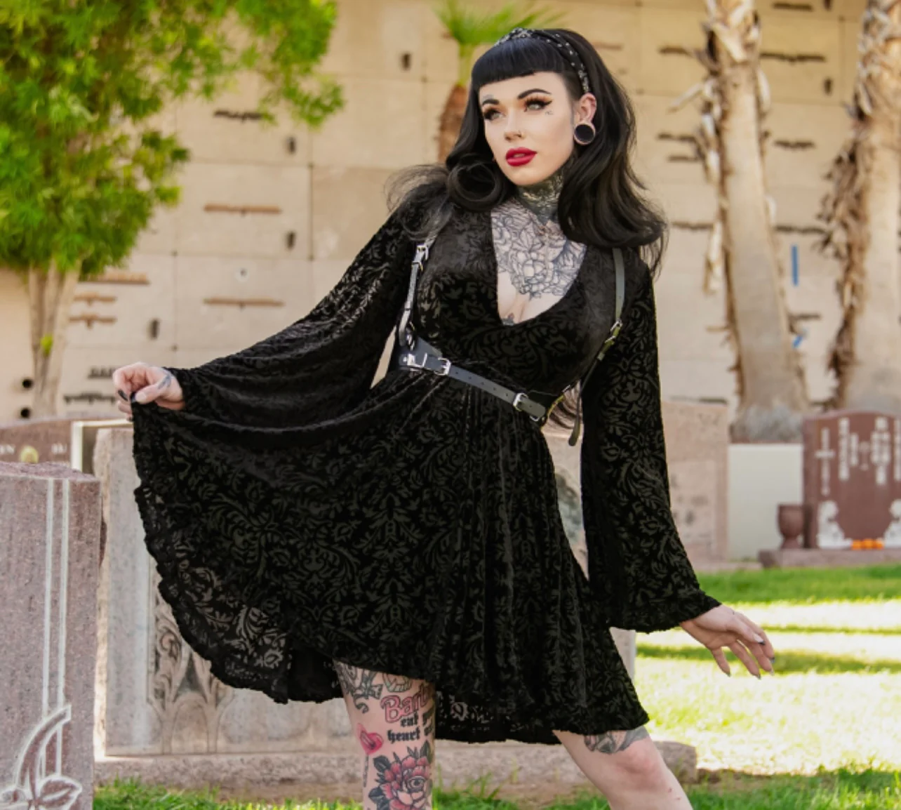 Nyx - Bell Sleeved Velvet Damask Dress with Harness - READY TO SHIP! - Image 17