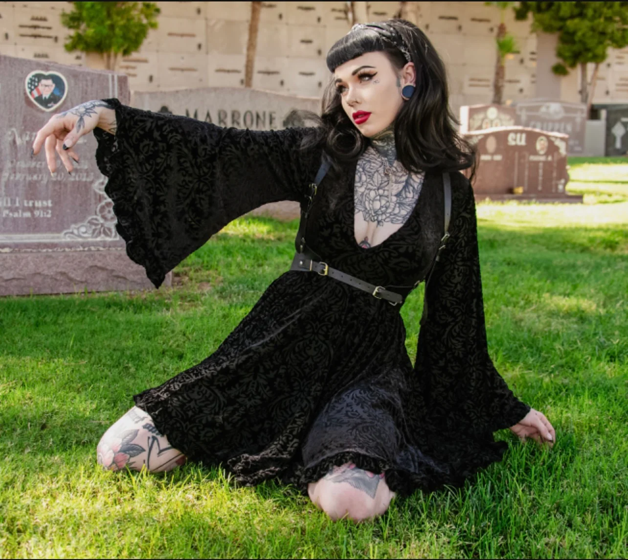 Nyx - Bell Sleeved Velvet Damask Dress with Harness - READY TO SHIP! - Image 18