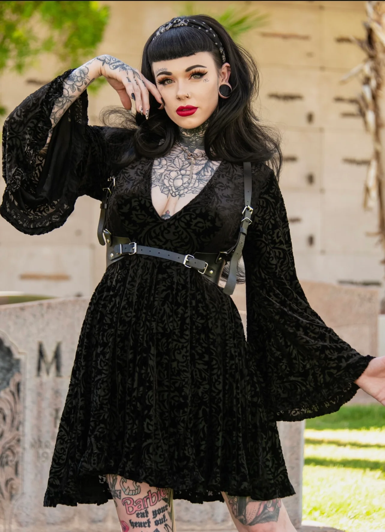 Nyx - Bell Sleeved Velvet Damask Dress with Harness - READY TO SHIP! - Image 3
