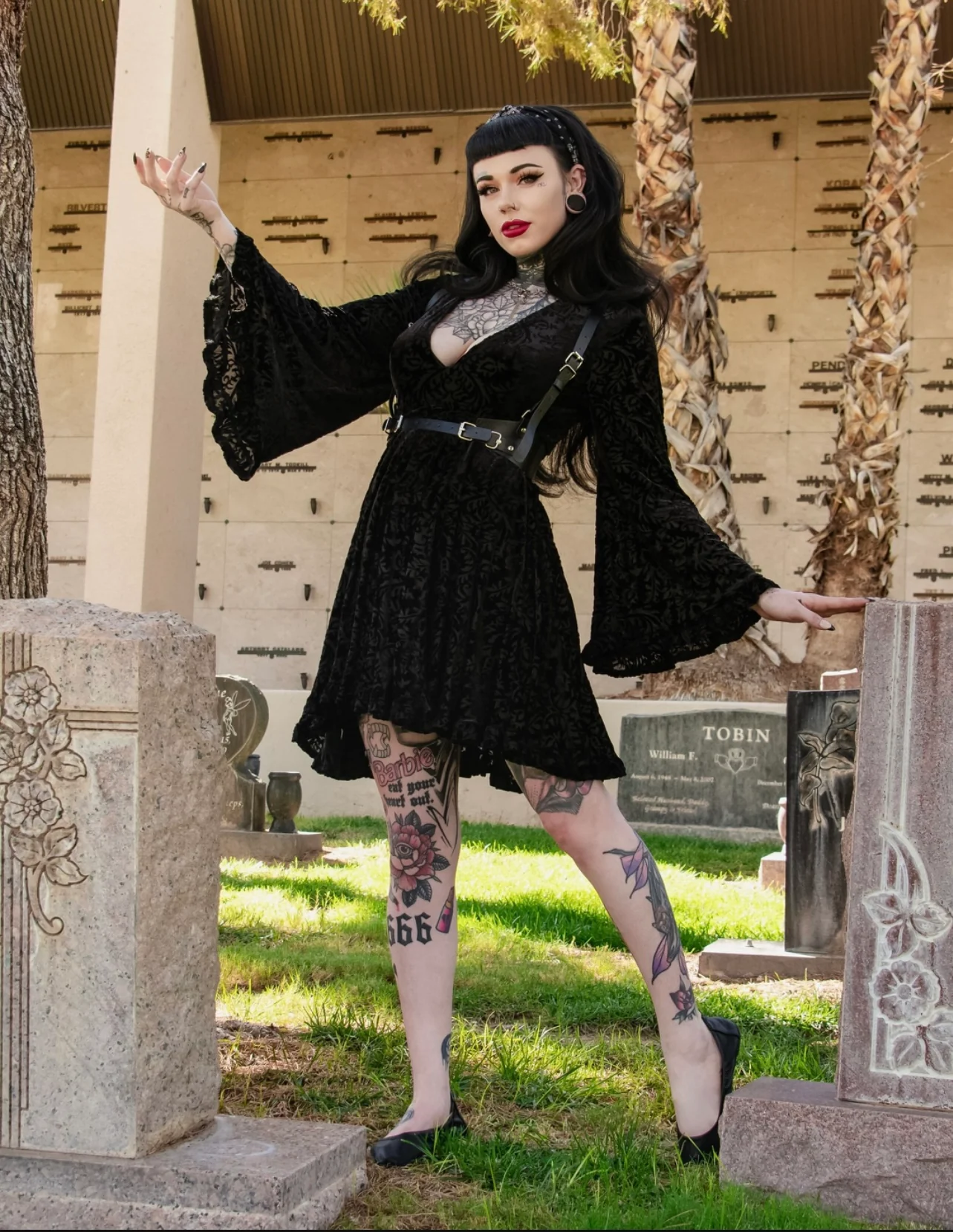 Nyx - Bell Sleeved Velvet Damask Dress with Harness - READY TO SHIP! - Image 4