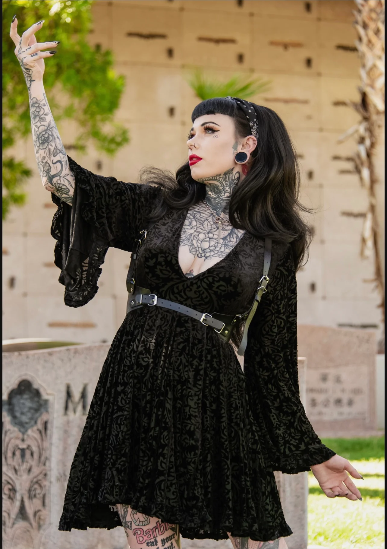 Nyx - Bell Sleeved Velvet Damask Dress with Harness - READY TO SHIP! - Image 6