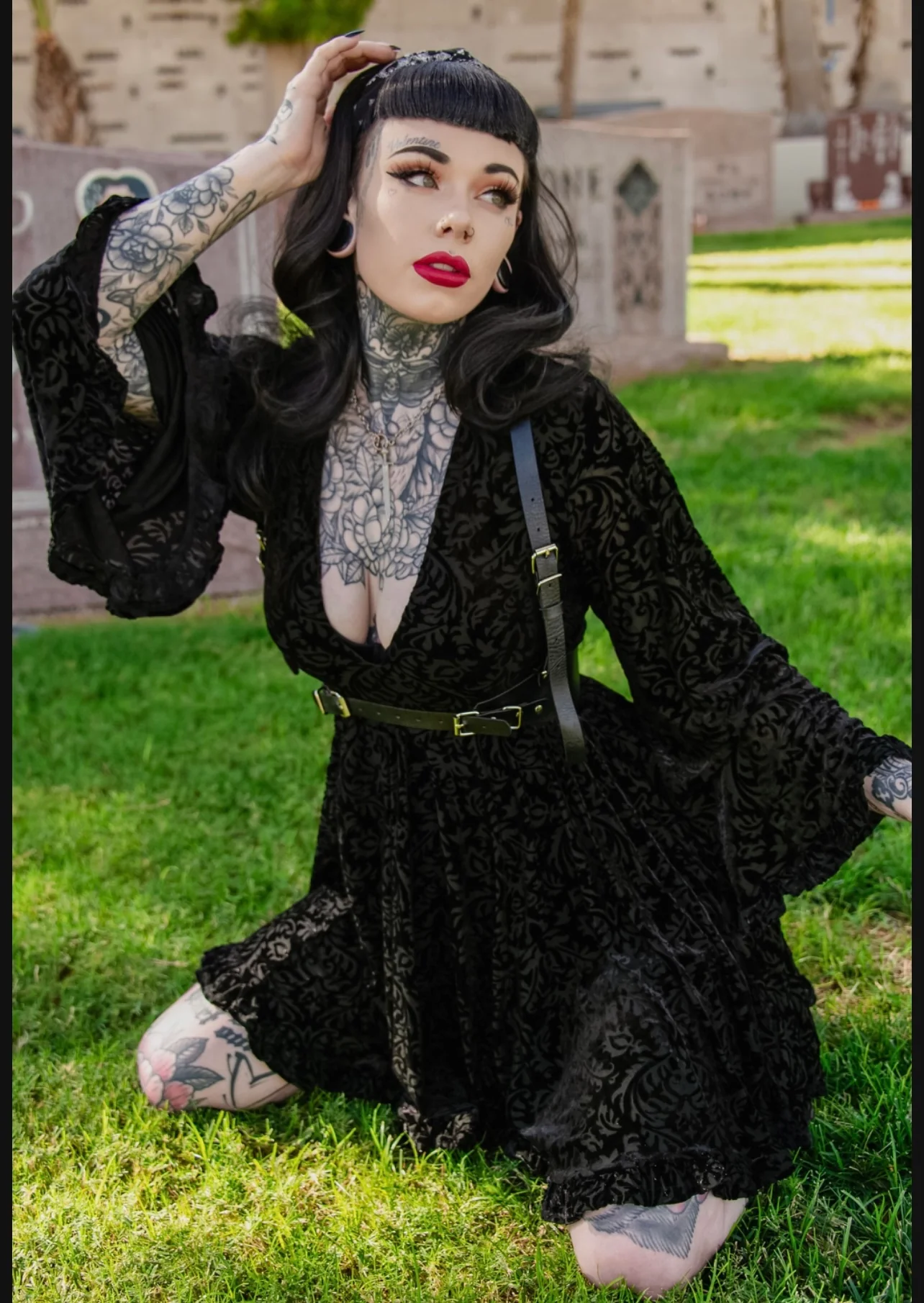 Nyx - Bell Sleeved Velvet Damask Dress with Harness - READY TO SHIP! - Image 7
