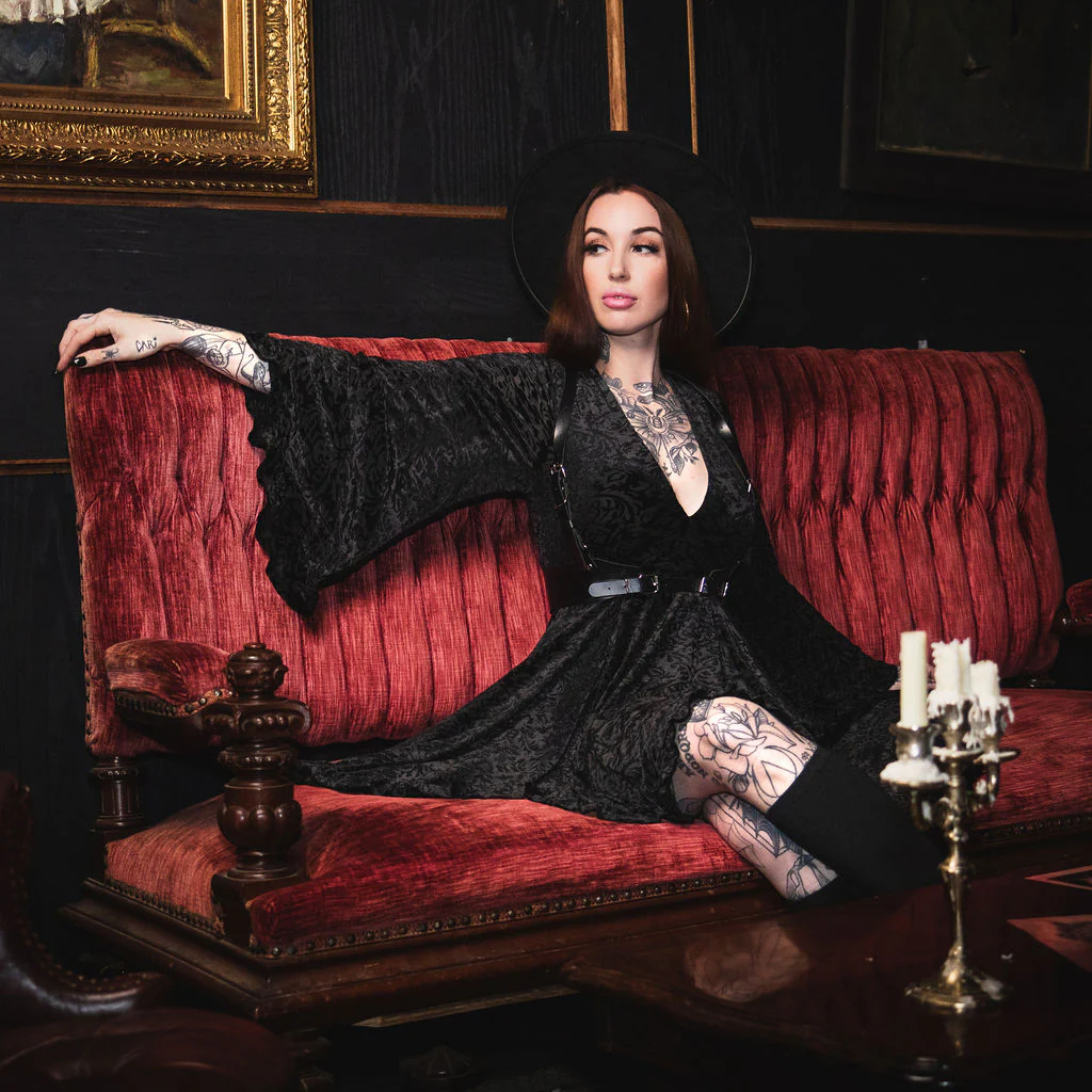 Nyx - Bell Sleeved Velvet Damask Dress with Harness - READY TO SHIP! - Image 9