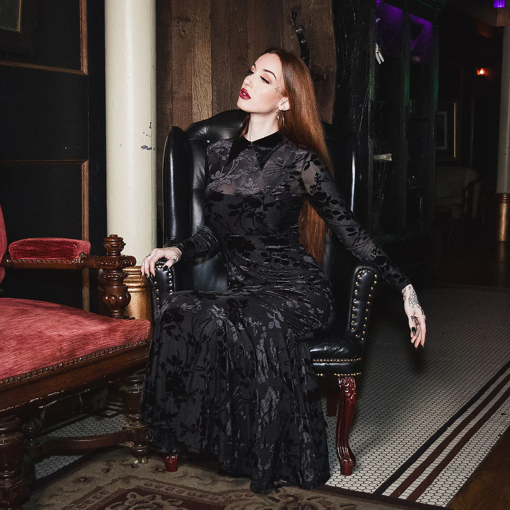 Ophelia - Velvet Flocked Lace Up Maxi Mermaid Dress - Image 6