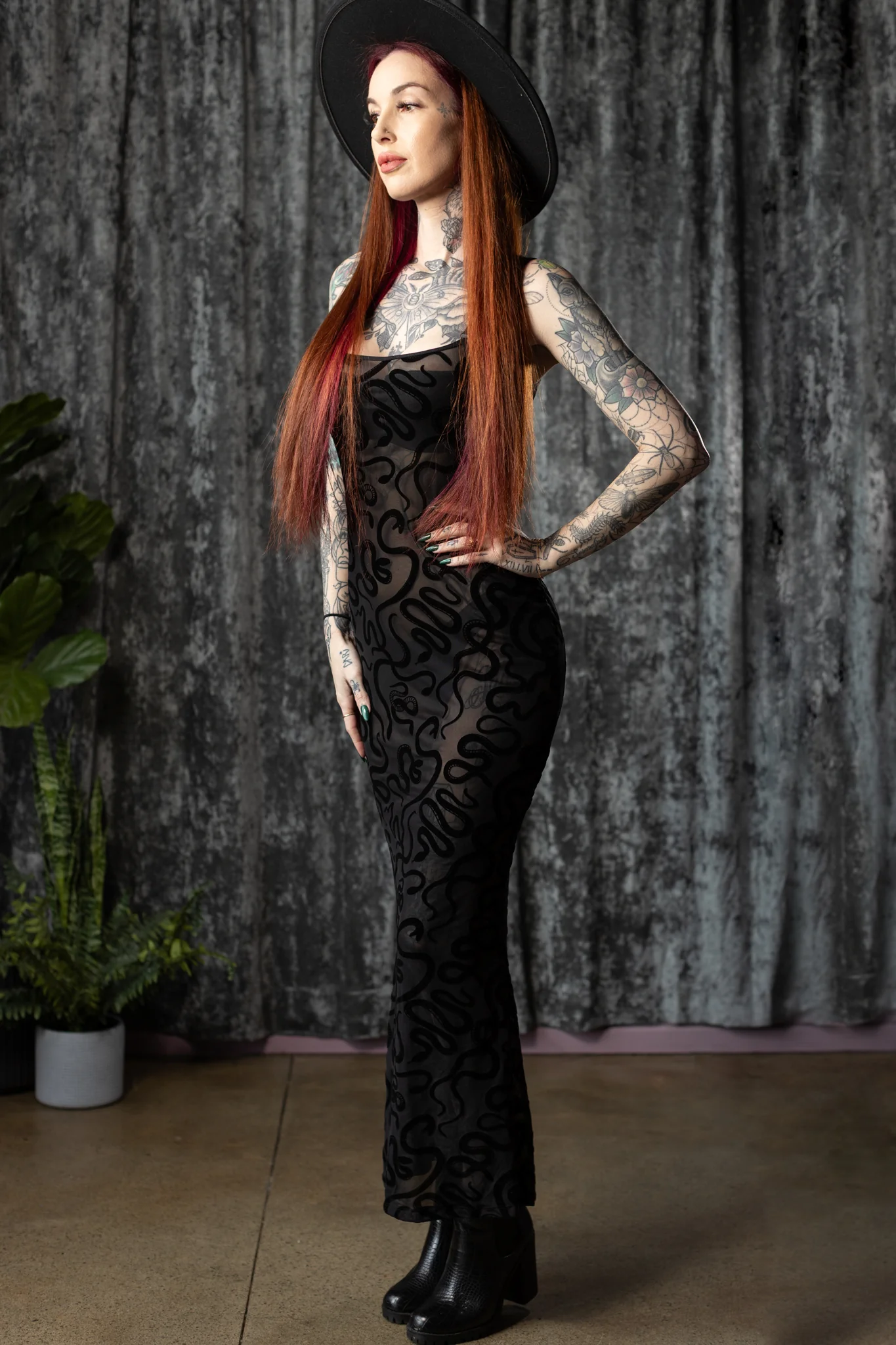 Sheer Hourglass Maxi Dress - Velvet Flocked SNAKES - Pre-Order