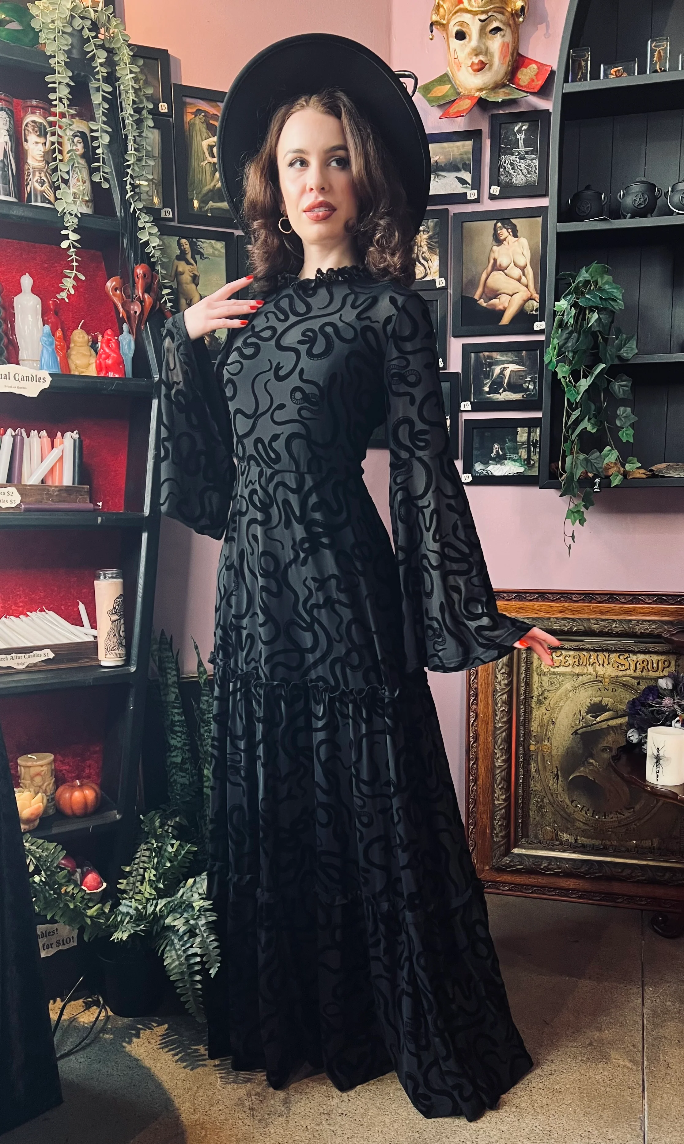 Sloane - Velvet Flocked Snake Maxi Dress with Bell Sleeves - READY-to-SHIP - Image 10