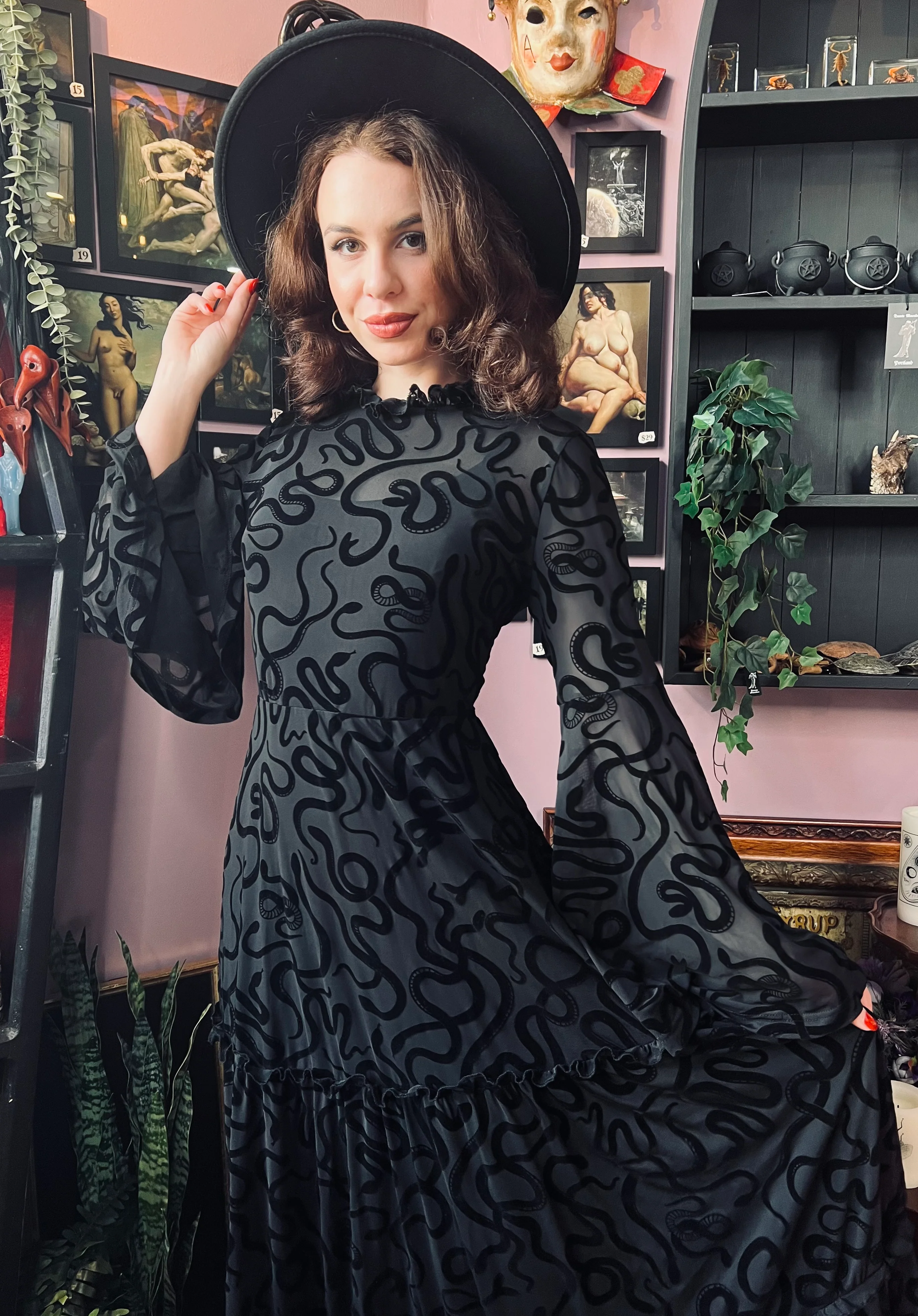 Sloane - Velvet Flocked Snake Maxi Dress with Bell Sleeves - READY-to-SHIP - Image 3
