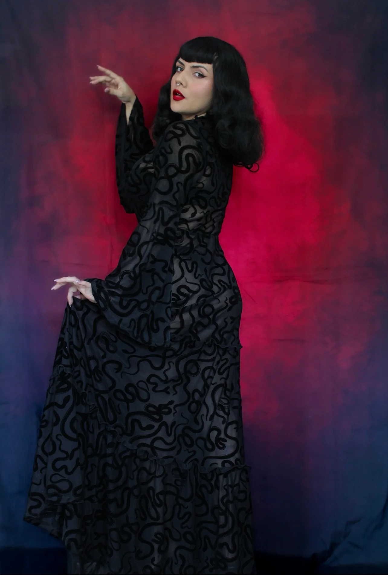 Sloane - Velvet Flocked Snake Maxi Dress with Bell Sleeves - READY-to-SHIP - Image 5