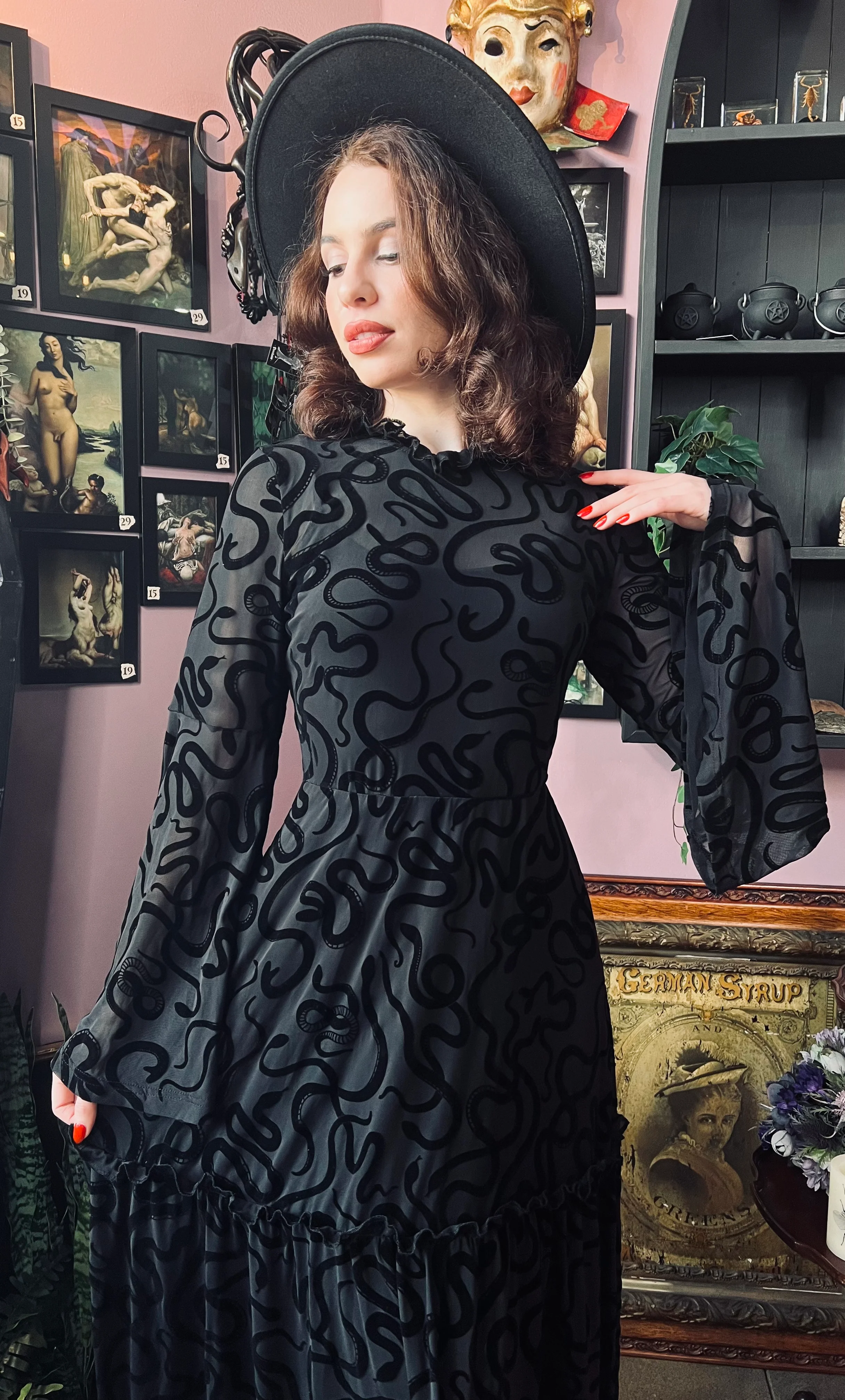 Sloane - Velvet Flocked Snake Maxi Dress with Bell Sleeves - READY-to-SHIP - Image 6