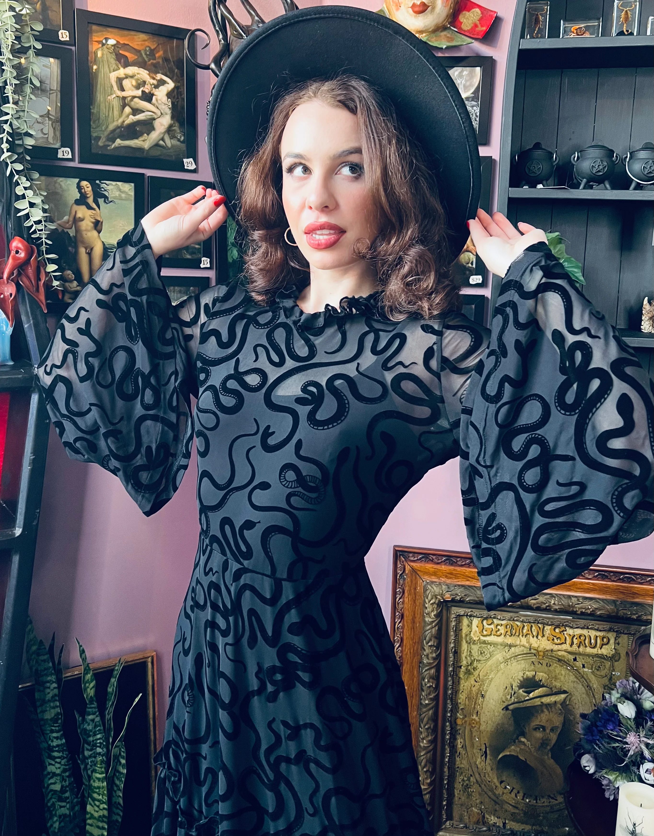 Sloane - Velvet Flocked Snake Maxi Dress with Bell Sleeves - READY-to-SHIP - Image 7