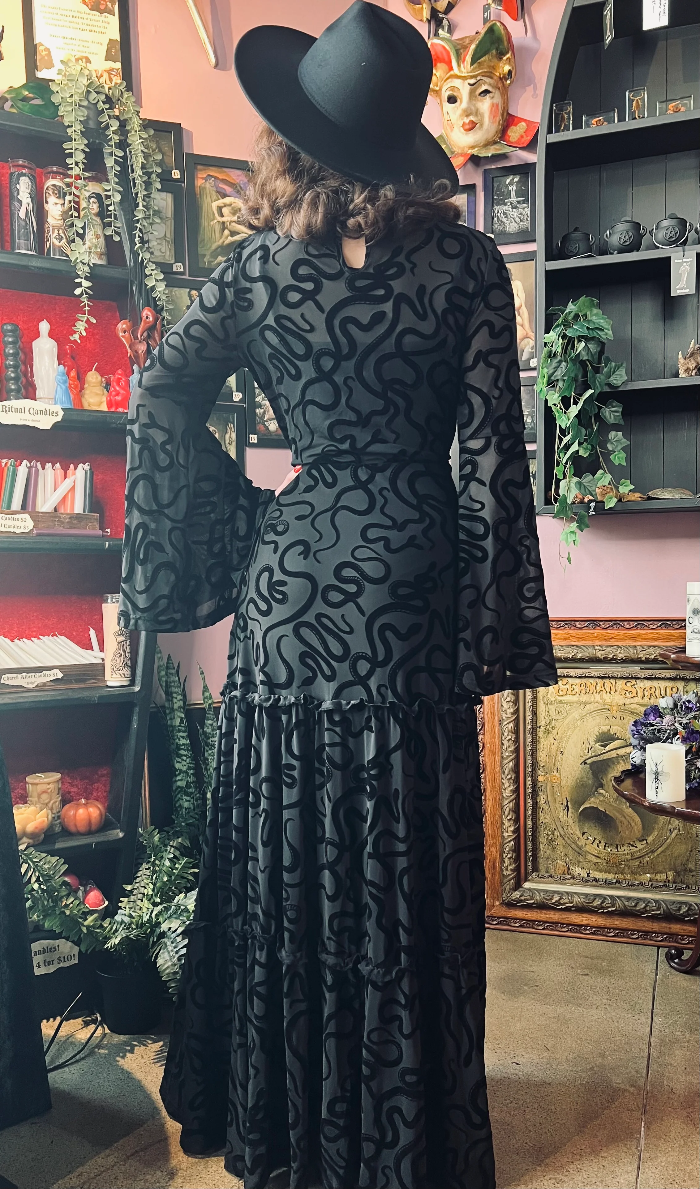 Sloane - Velvet Flocked Snake Maxi Dress with Bell Sleeves - READY-to-SHIP - Image 8