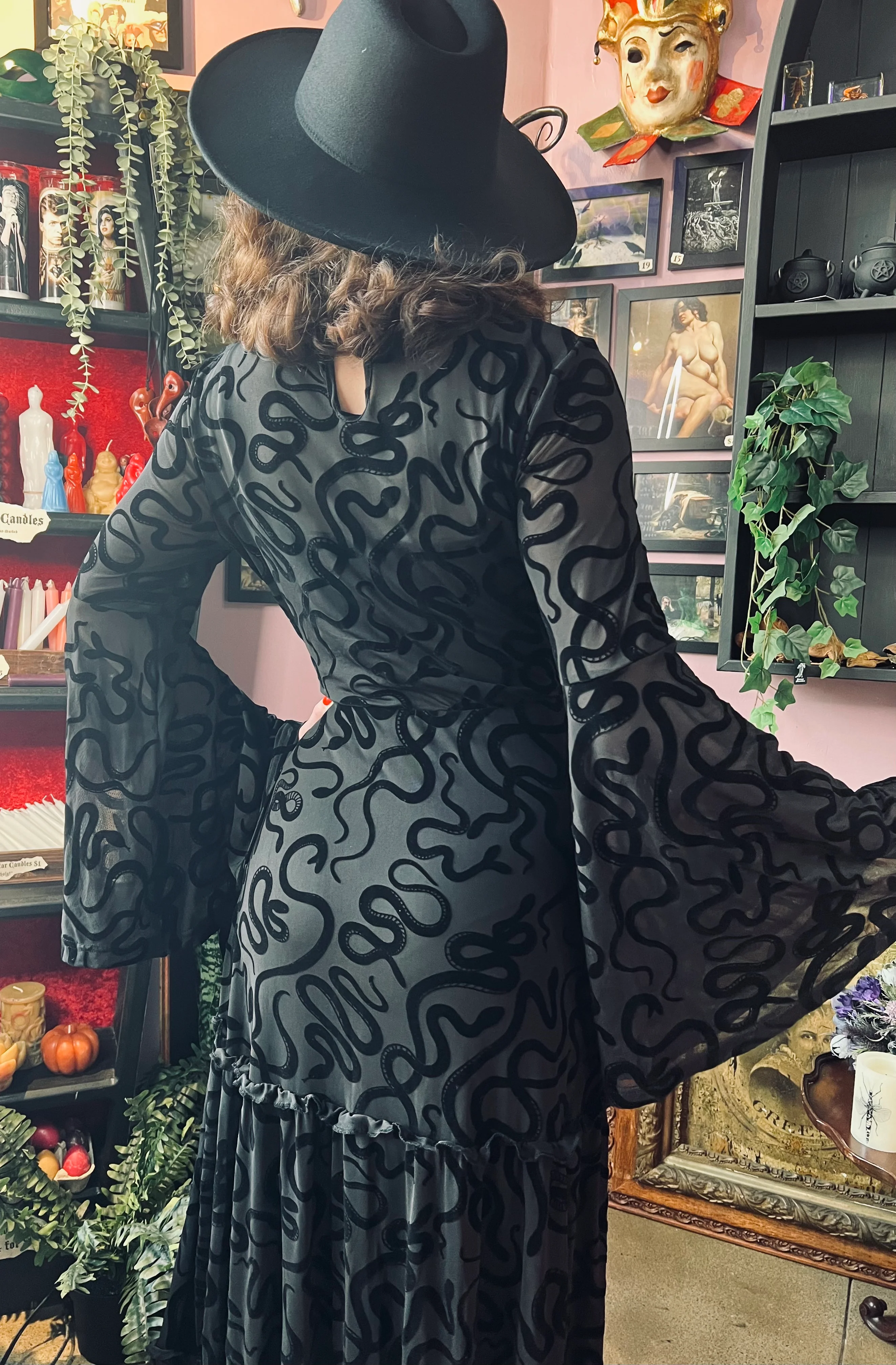 Sloane - Velvet Flocked Snake Maxi Dress with Bell Sleeves - READY-to-SHIP - Image 9