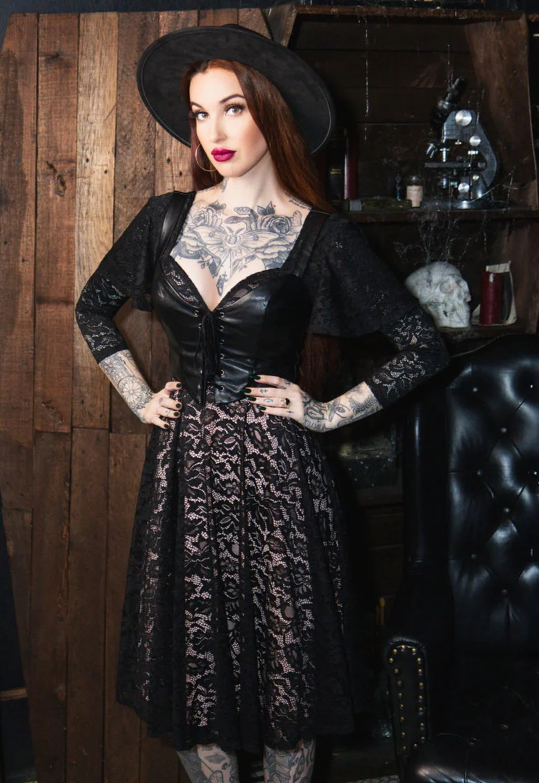 Tempest - Illusion Lace Dress with Vegan Leather Faux Corset - Image 3