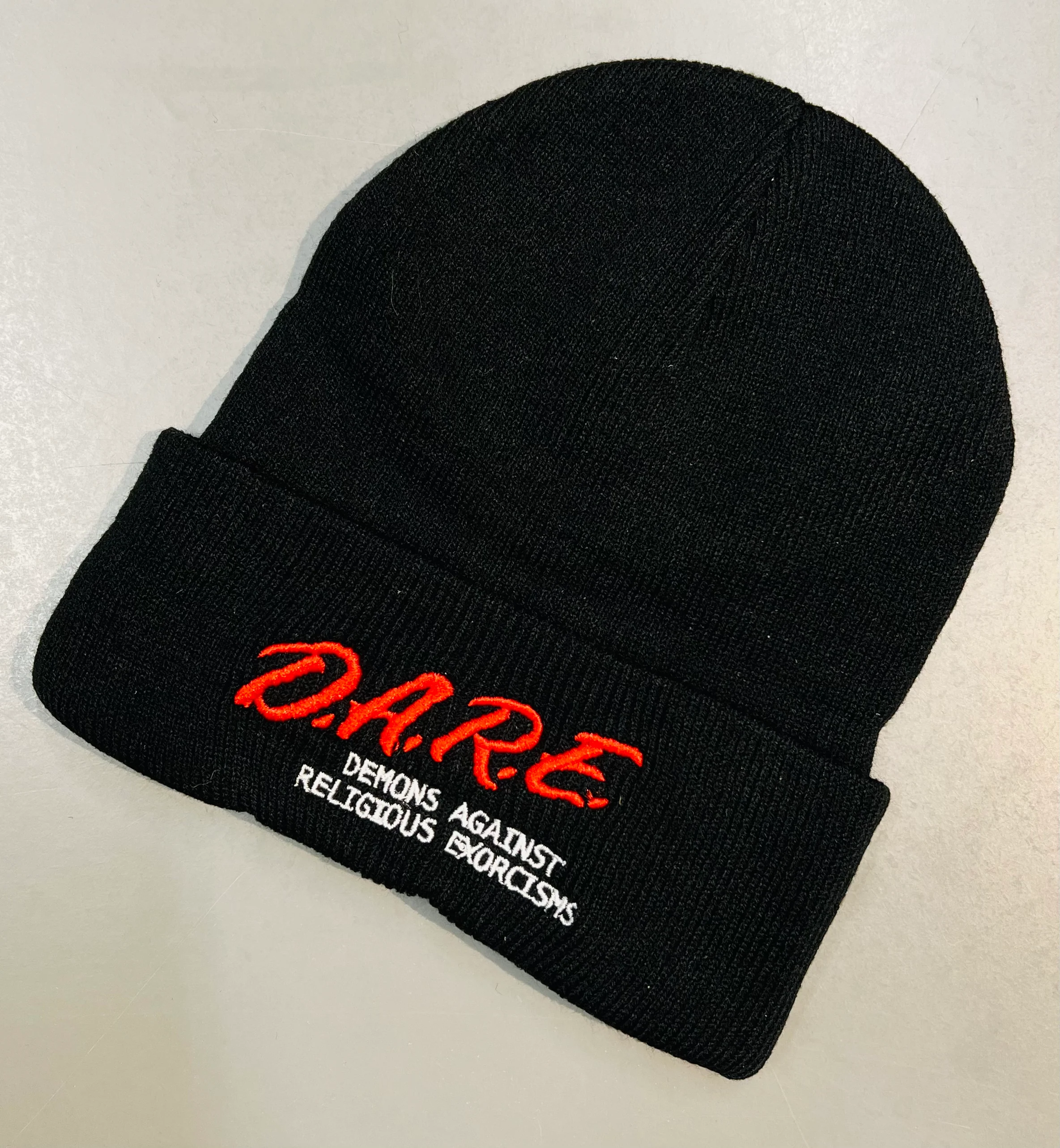Vegan Beanie - DARE demons against religious exorcisms- READY TO SHIP