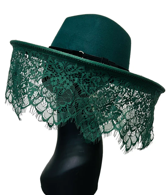 Vegan Felt Hat - Mourning Collection - EMERALD - Funeral Lace