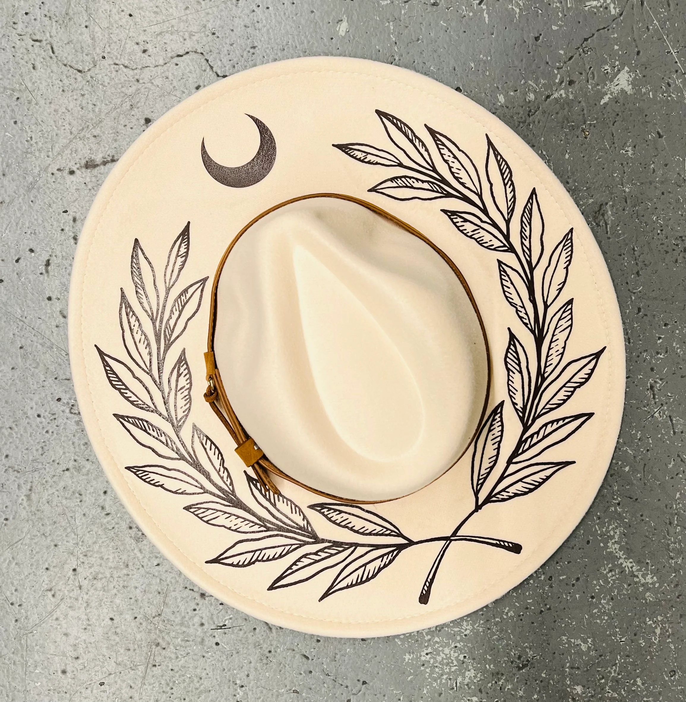 Vegan Felt Hat - XL Brim - Cream - Large Fern & Moon Crown