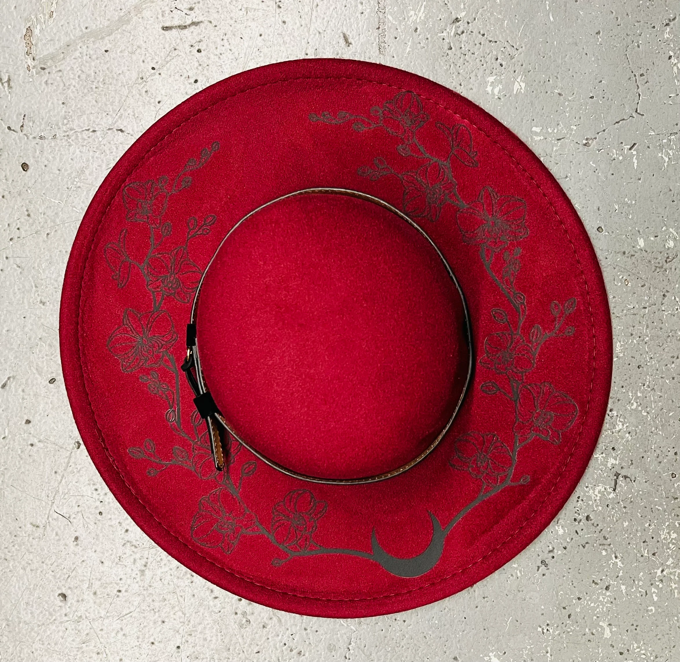 Vegan Felt Wide Brim Hat - Flat Top - Wine Red - Orchids Outline