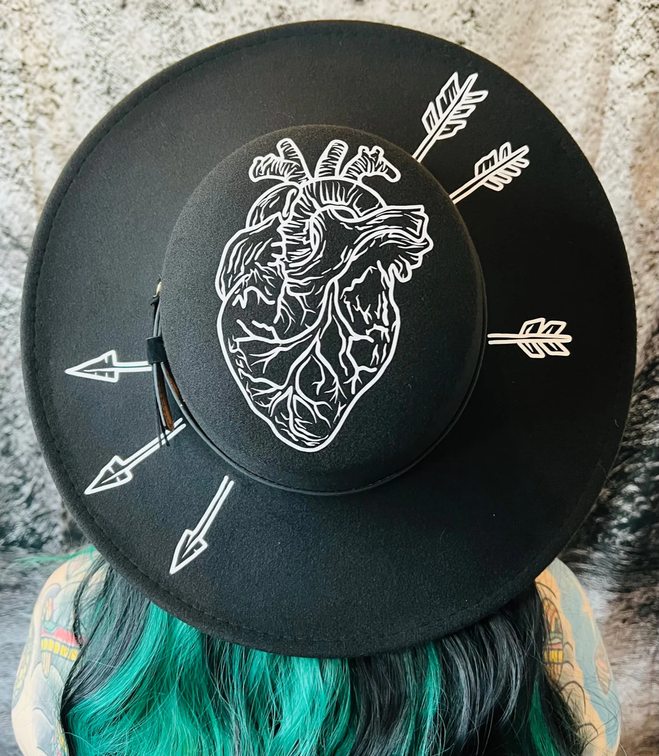 Vegan Felt Wide Brim Hat - Flat Top XL Brim - "Arrows Through Heart" - Image 2