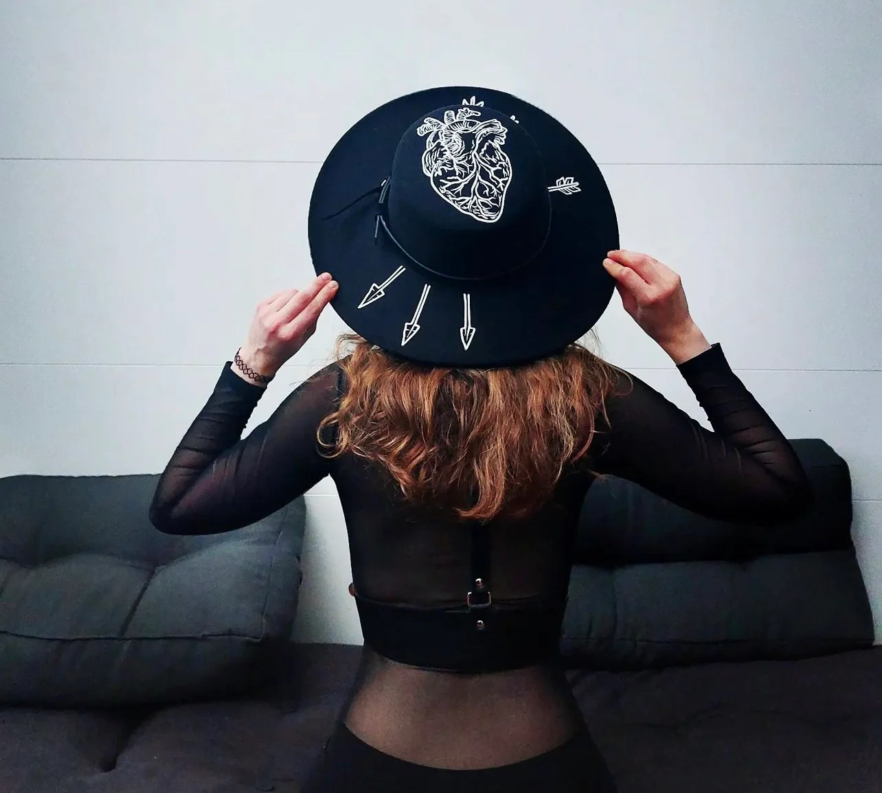 Vegan Felt Wide Brim Hat - Flat Top XL Brim - "Arrows Through Heart" - Image 3