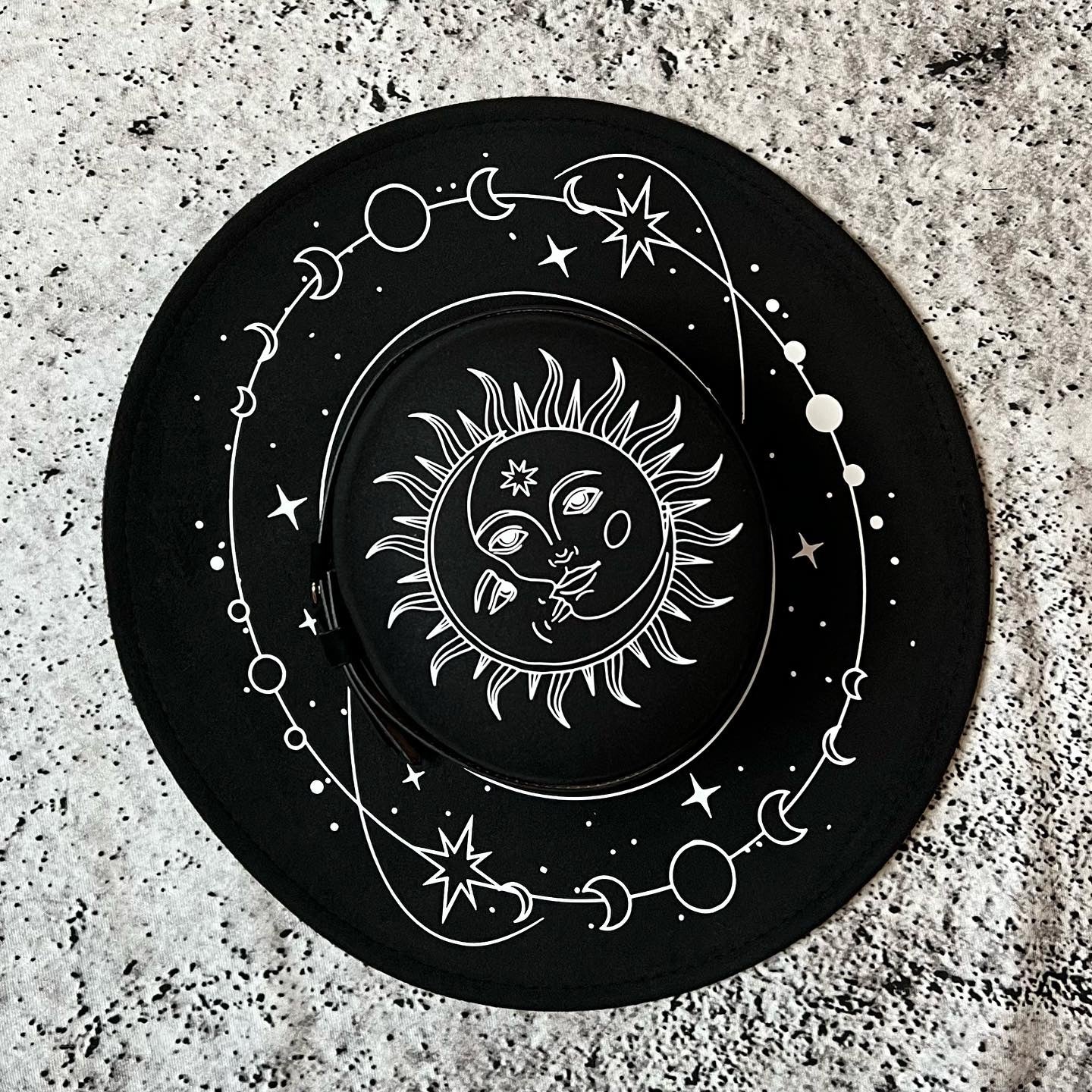 Vegan Felt Wide Brim Hat - Flat Top XL Brim - "Celestial Sun/Moon"