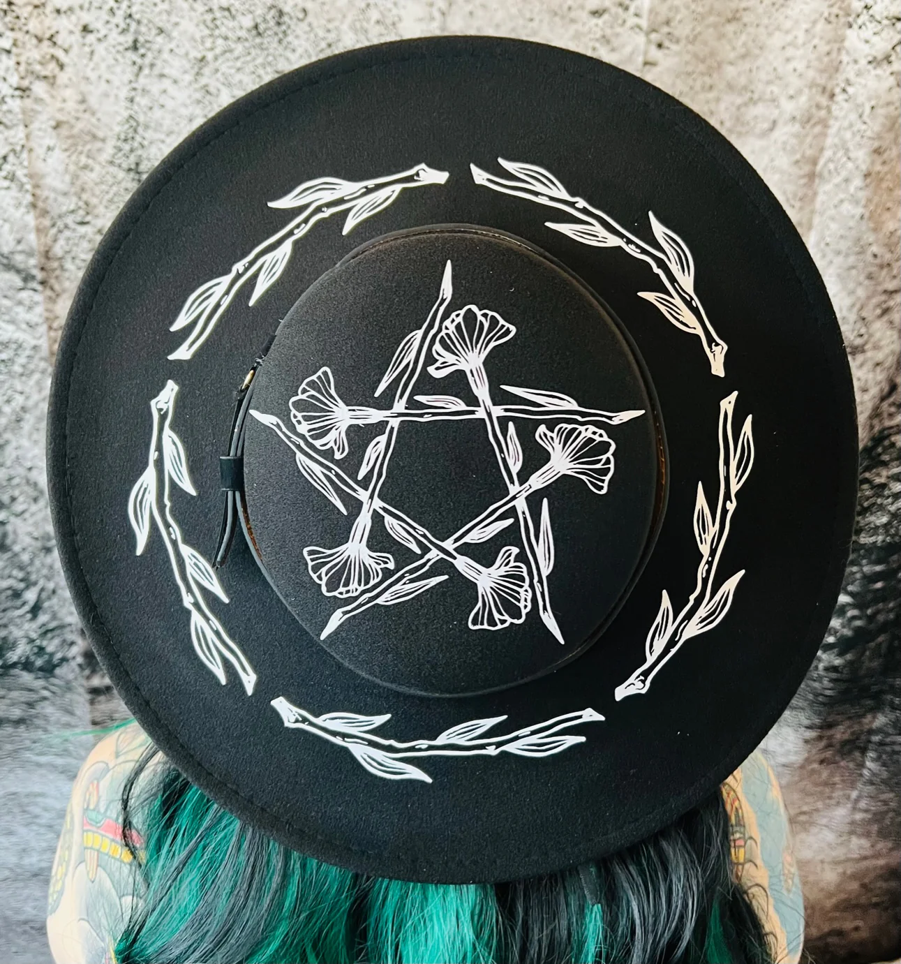 Vegan Felt Wide Brim Hat - Flat Top XL Brim - "Floral Pentacle" - Image 2