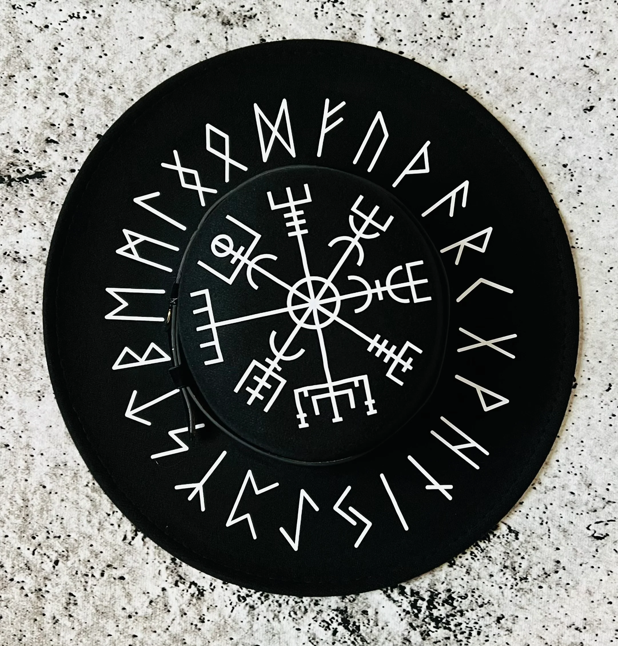 Vegan Felt Wide Brim Hat - Flat Top XL Brim - "Viking Runes"
