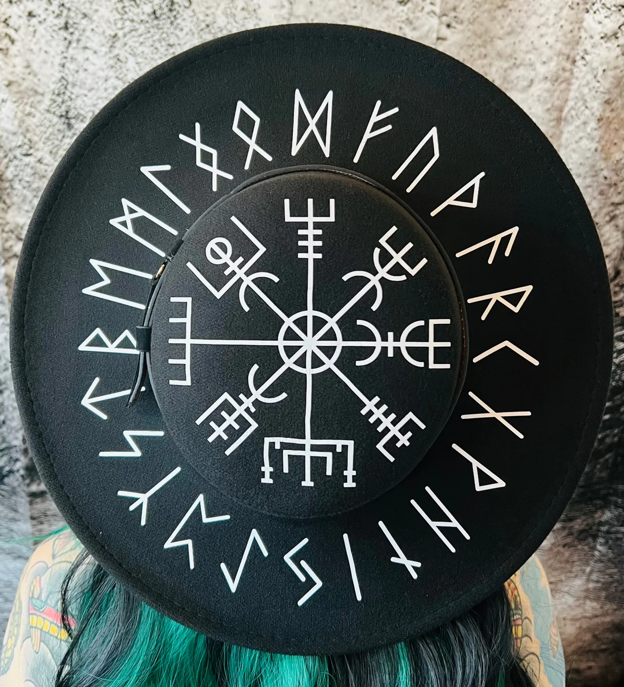 Vegan Felt Wide Brim Hat - Flat Top XL Brim - "Viking Runes" - Image 2