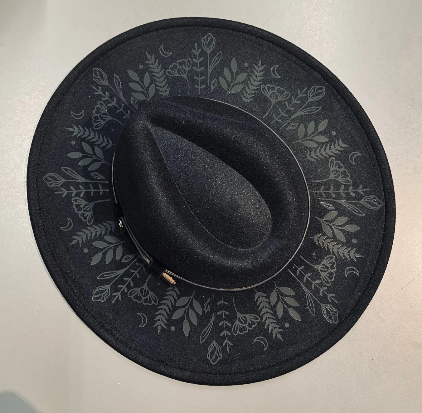 Vegan Felt Wide Brim Hat - XL Brim - Botanicals - Black on Black