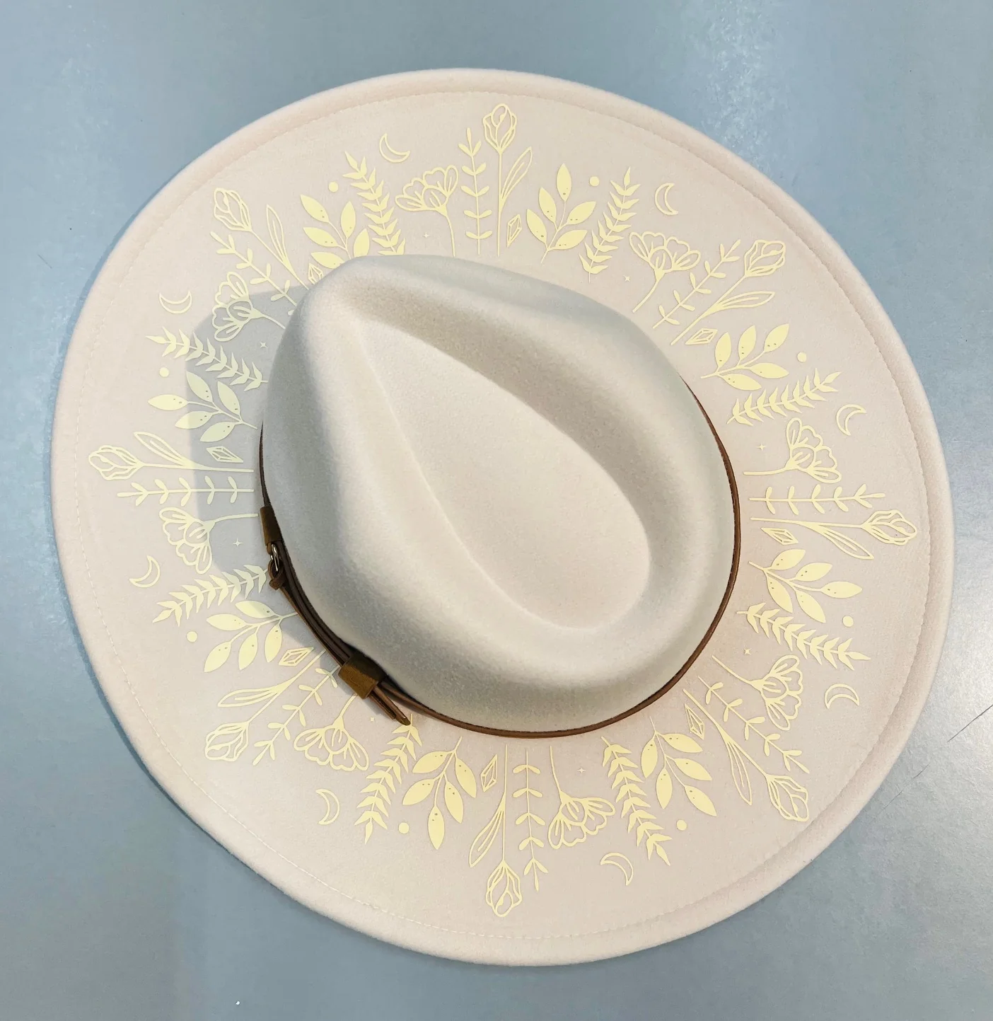 Vegan Felt Wide Brim Hat - XL Brim - Botanicals - Cream on Cream