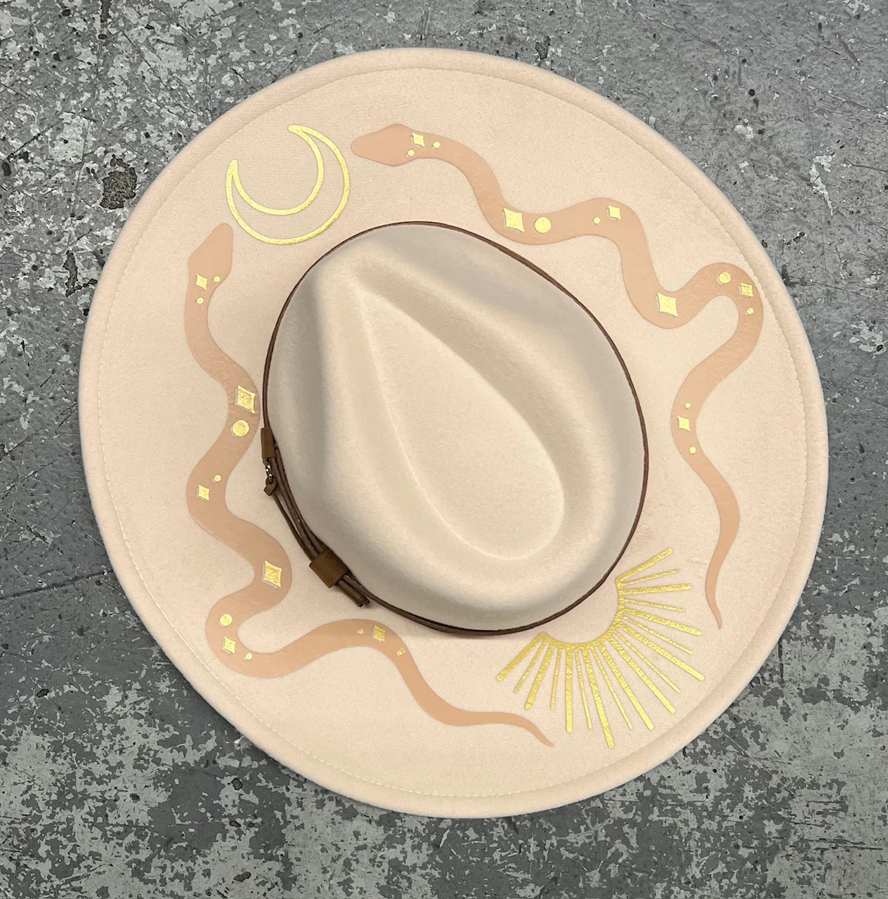 Vegan Felt Wide Brim Hat - XL Brim - Cream - Western Snakes