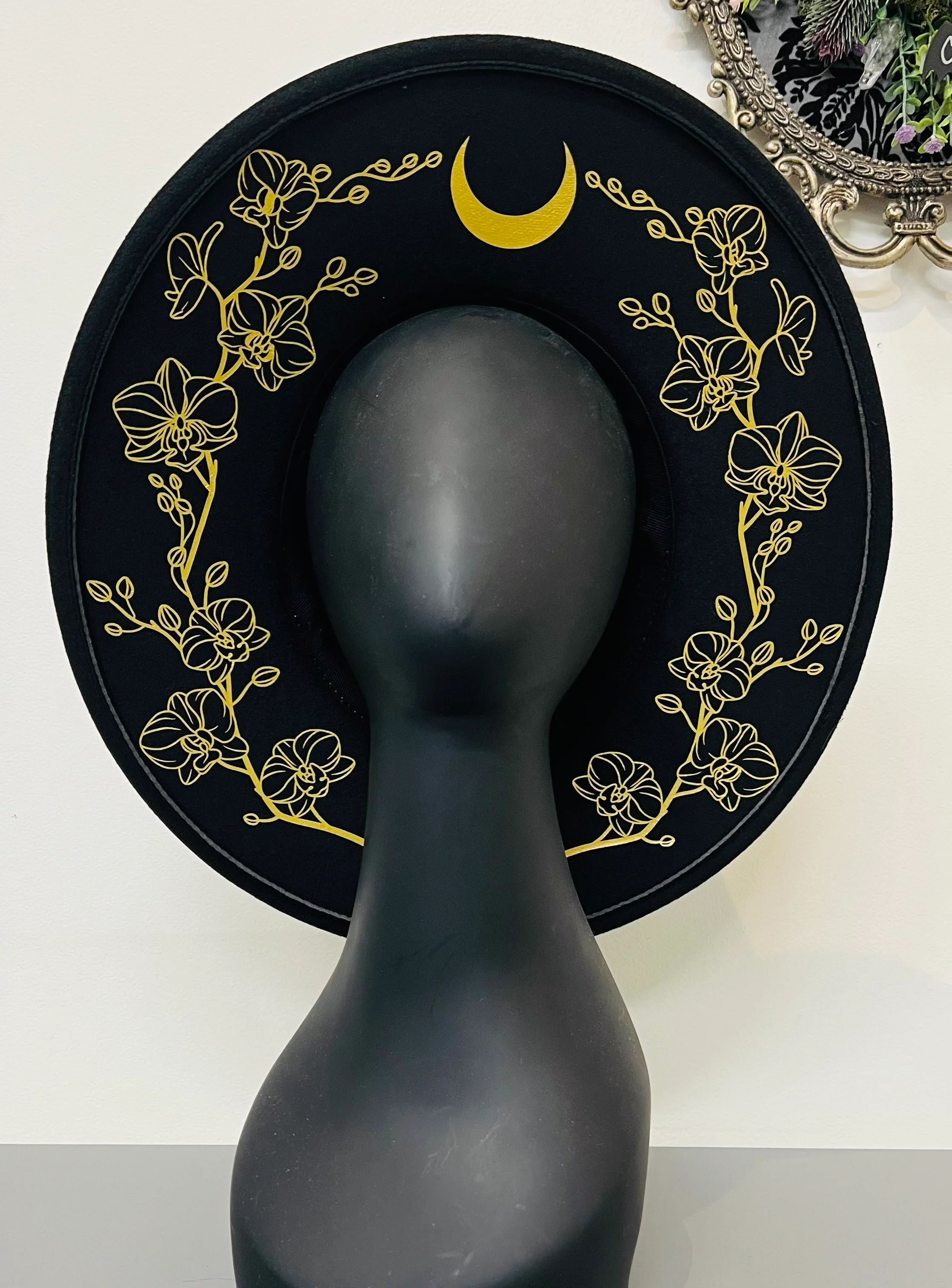 Vegan Felt Wide Brim Hat - XL Brim - Gold or Silver Orchids Outline