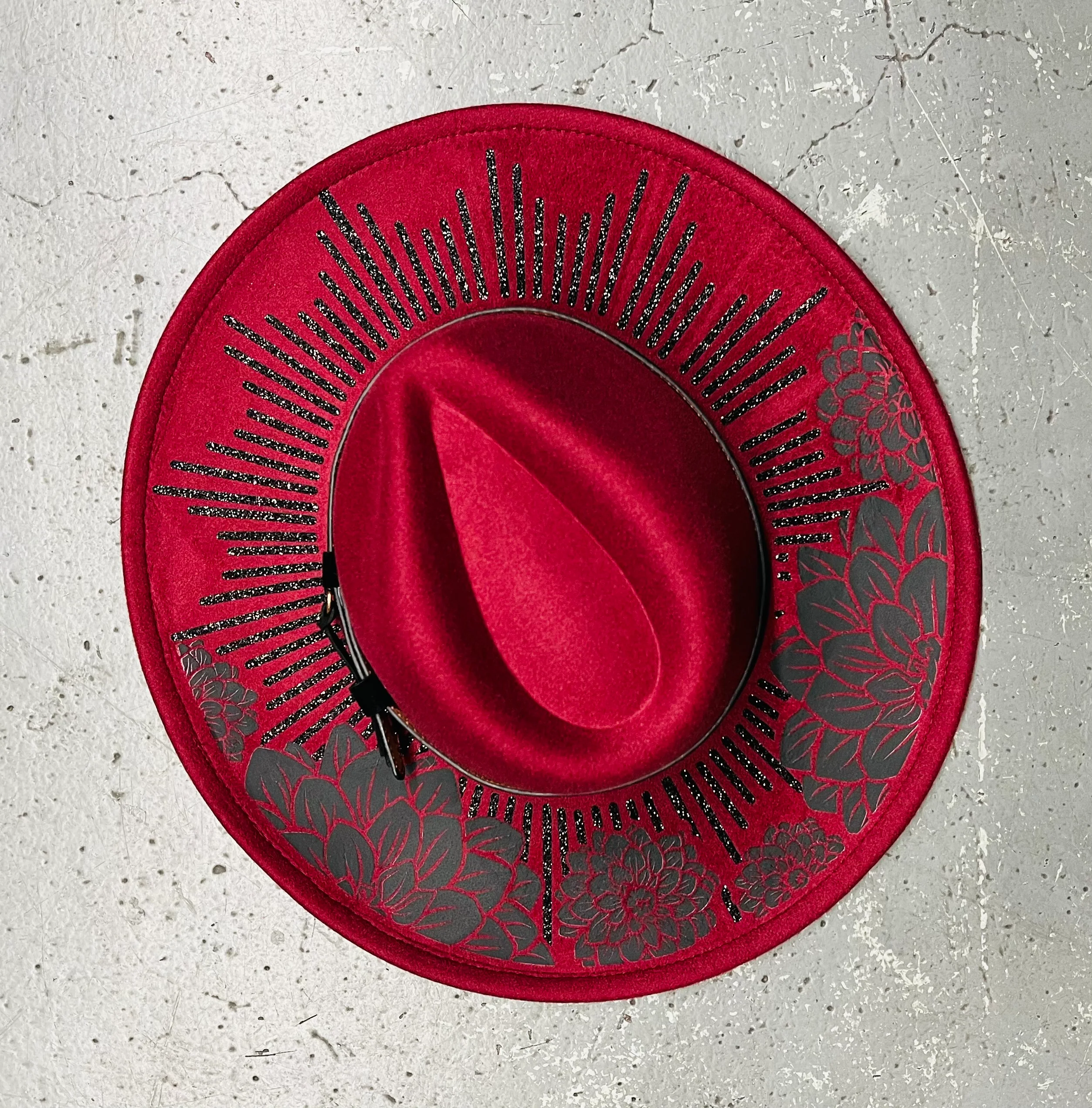 Vegan Felt Wide Brim Hat - XL Brim - Wine Red - BLACK Dahlia Burst