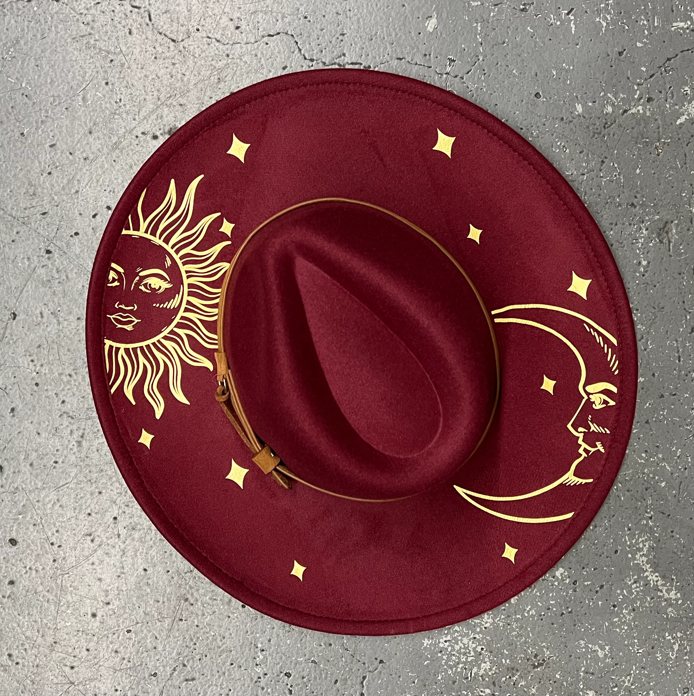 Vegan Felt Wide Brim Hat - Flat Top - Wine Red - Celestial Sun and Moon