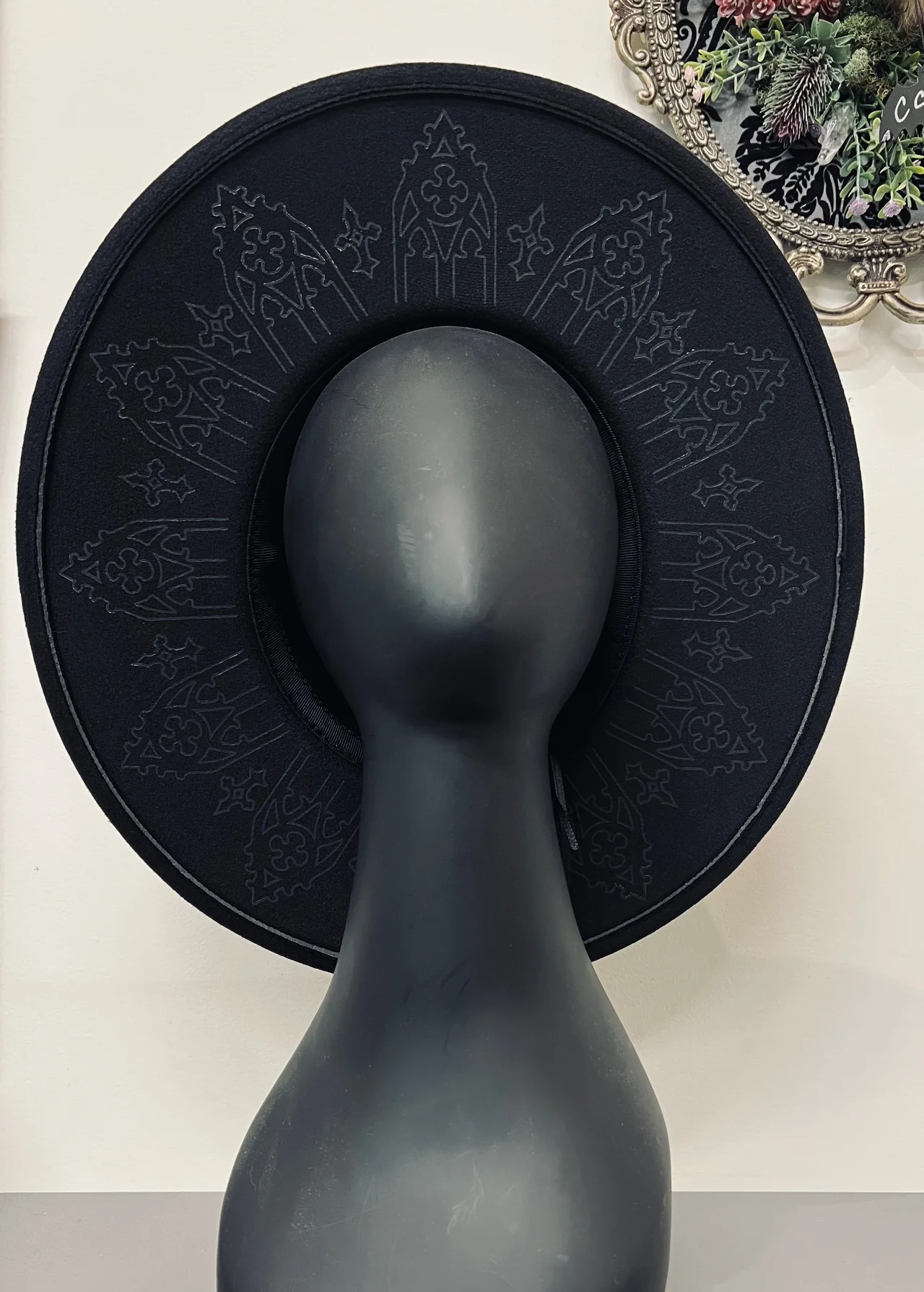 Vegan Felt Wide Brim Hat - XL Brim - Wrought Iron Crown - Black on Black