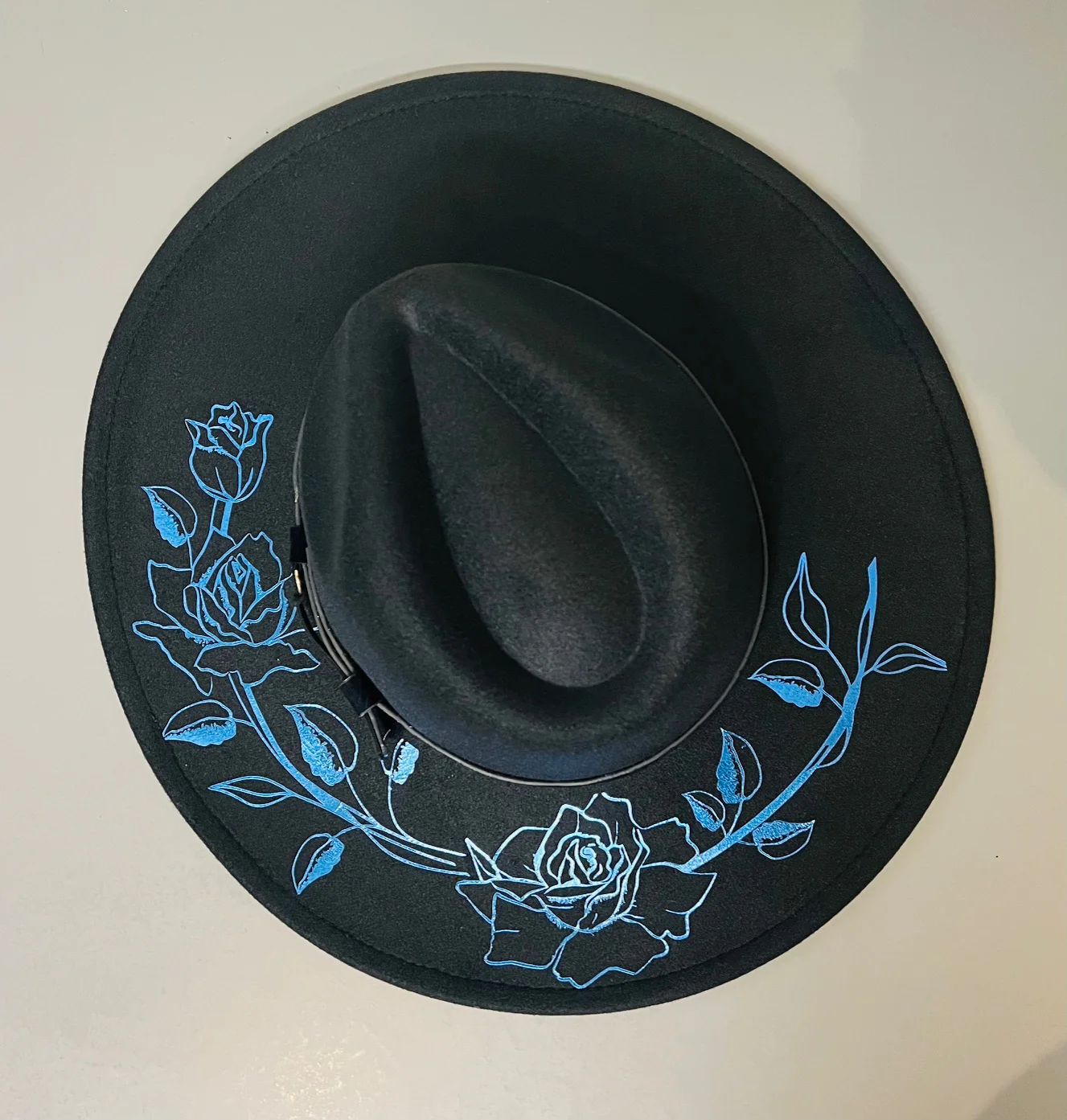 Vegan Wide Brim Hat - XL Brim - Blue Large Foiled Roses - Ready to Ship